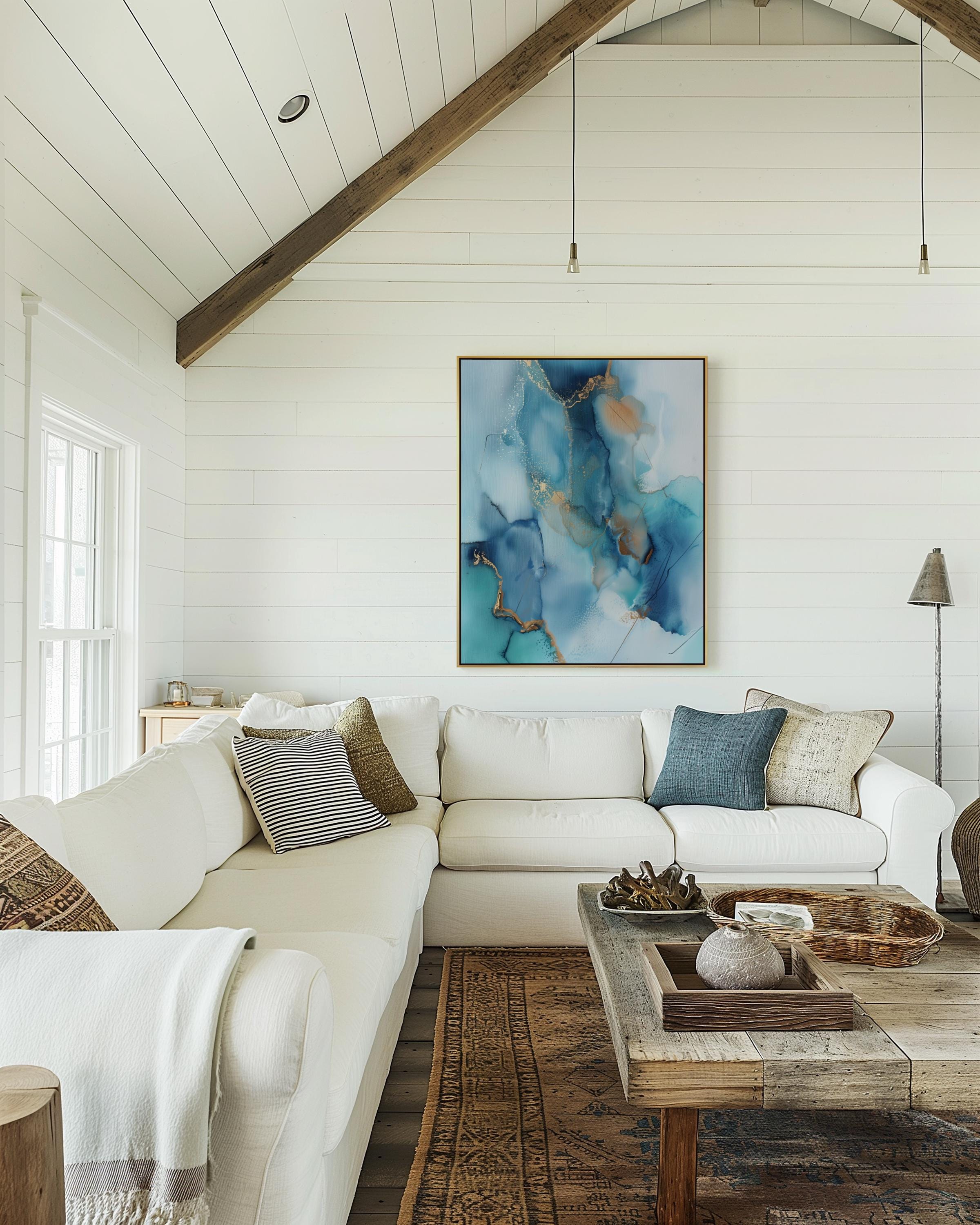 Coastal Blue Abstract Art Print, Framed Canvas Wall Decor, Summer Beach House Style, Light & Airy Giclée Painting | Aurora Muse 278