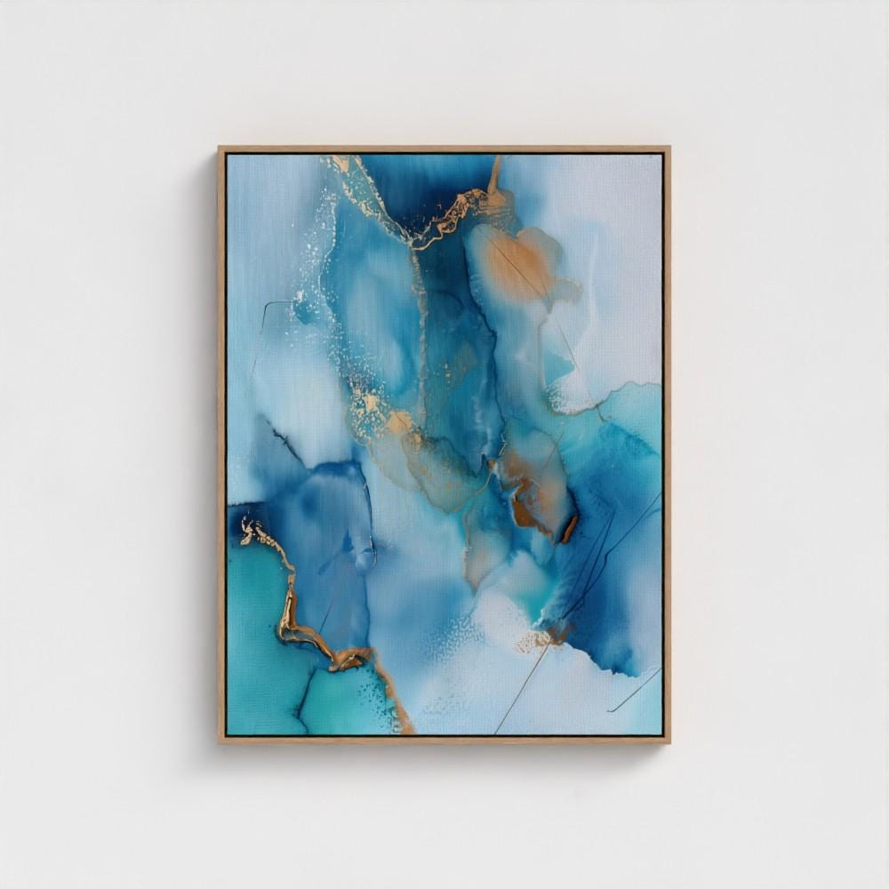 Horizontal coastal blue abstract wall art with soft sand and white tones in a light, airy style. Ideal for beach house, living room, or summer interior decor. Available as framed canvas or gallery-wrapped giclée wall art by Muse Studio.
