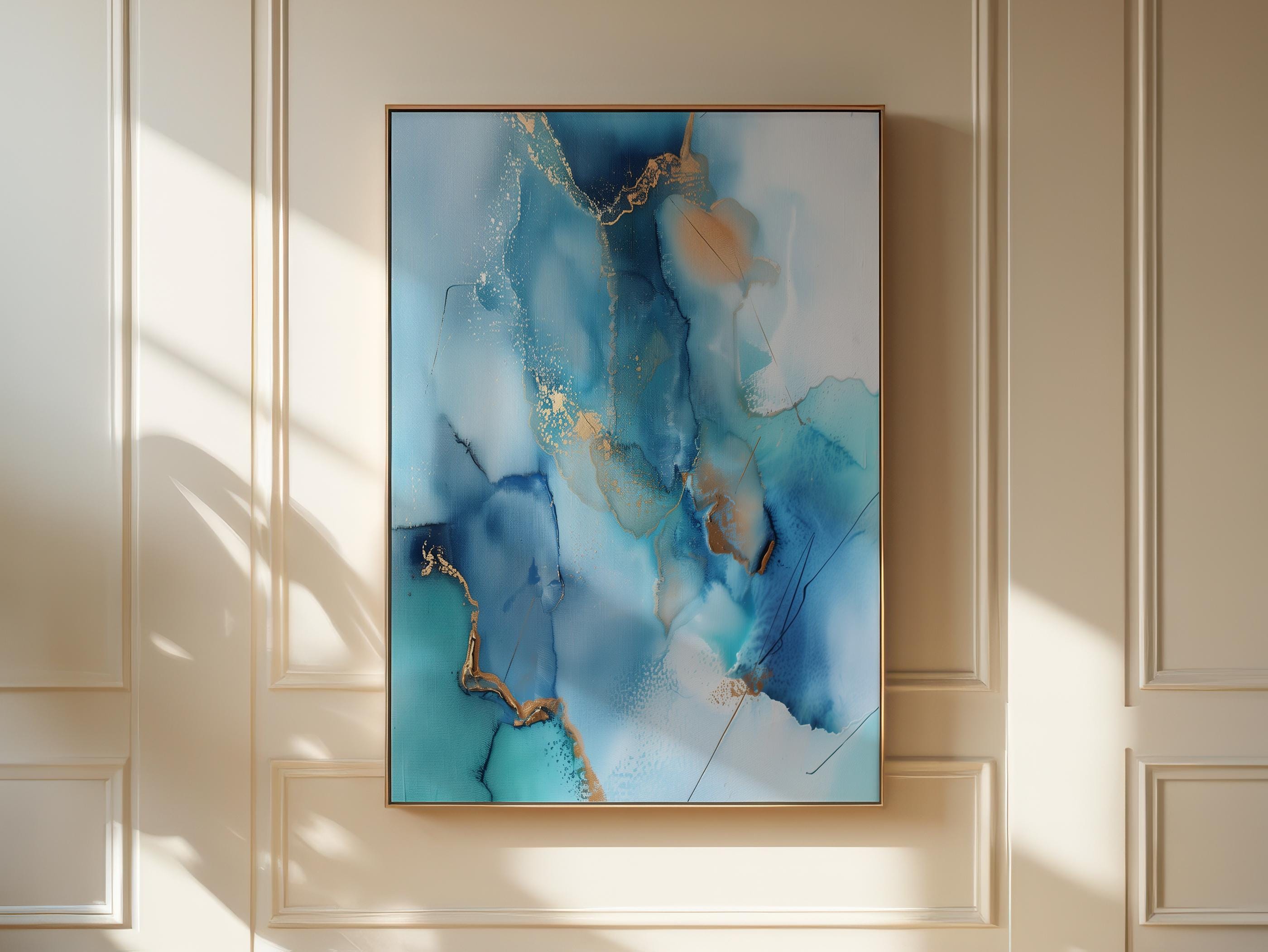 Horizontal coastal blue abstract wall art with soft sand and white tones in a light, airy style. Ideal for beach house, living room, or summer interior decor. Available as framed canvas or gallery-wrapped giclée wall art by Muse Studio.