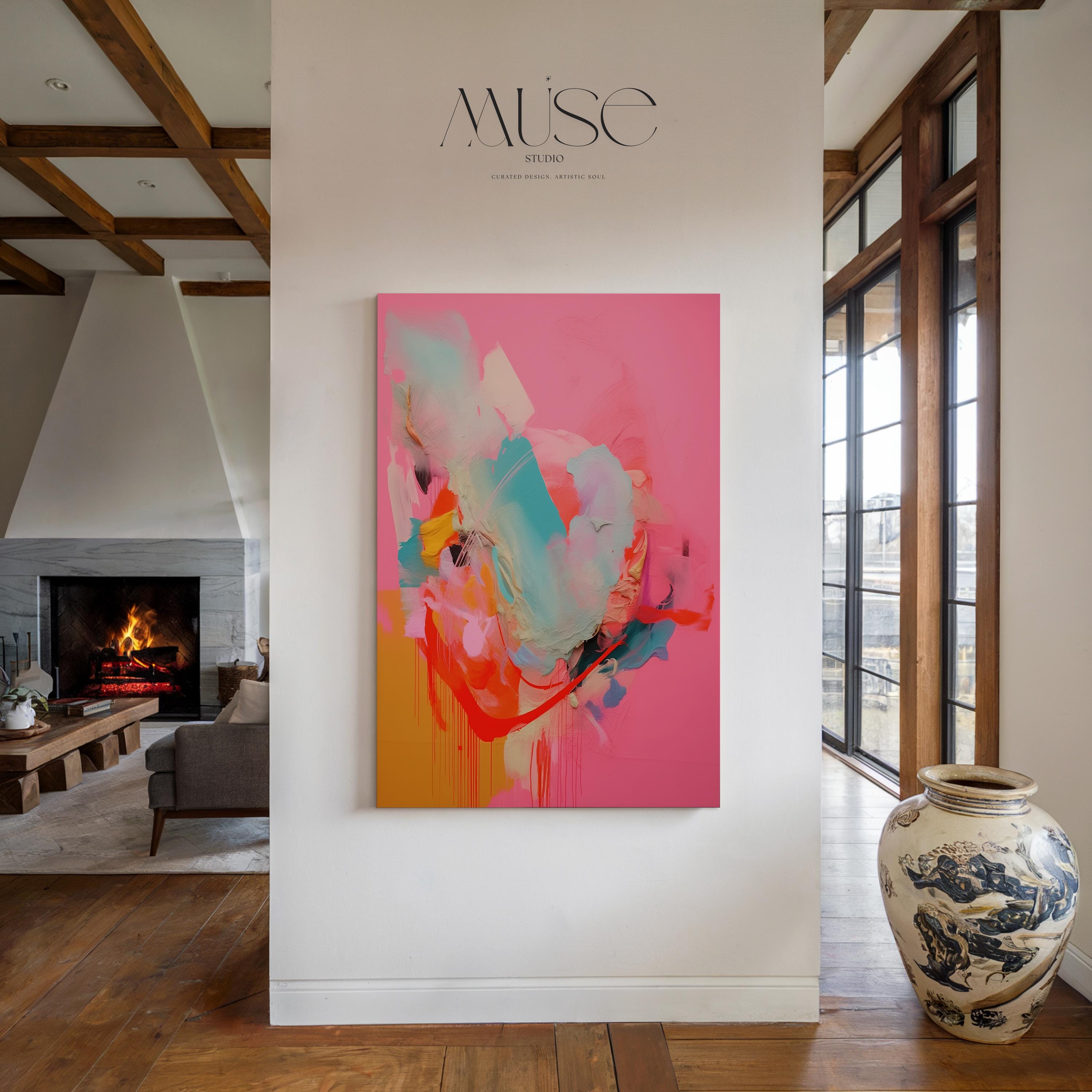 Wall Art Vertical Canvas Painting Large Decor Art Bold Pink Abstract Modern Colorful Statement for Living Room & Office | 036