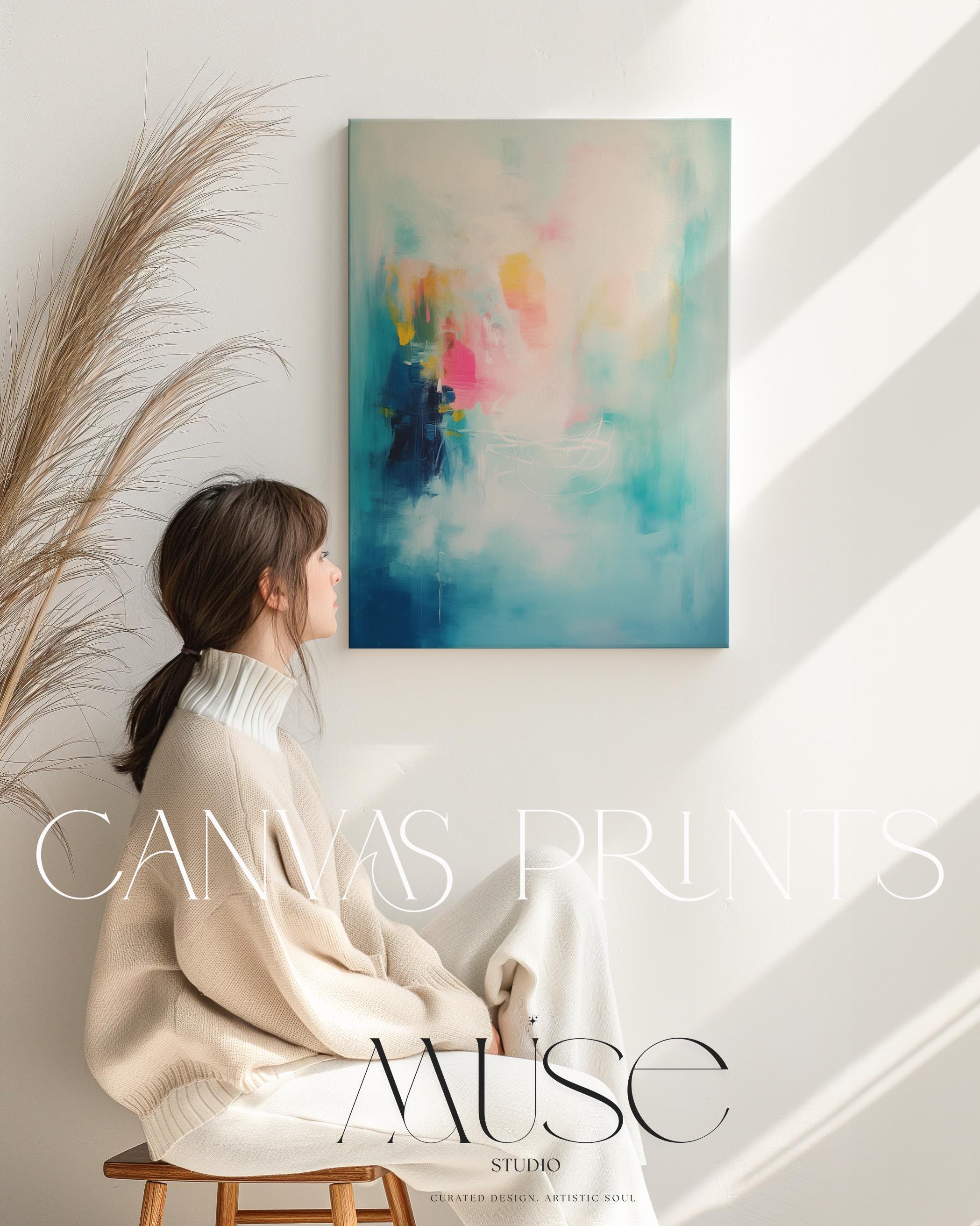 Soft Blue Abstract Wall Art Vertical Canvas Painting Large Framed Decor Art Contemporary Colorful Statement for Living Room & Office | 056