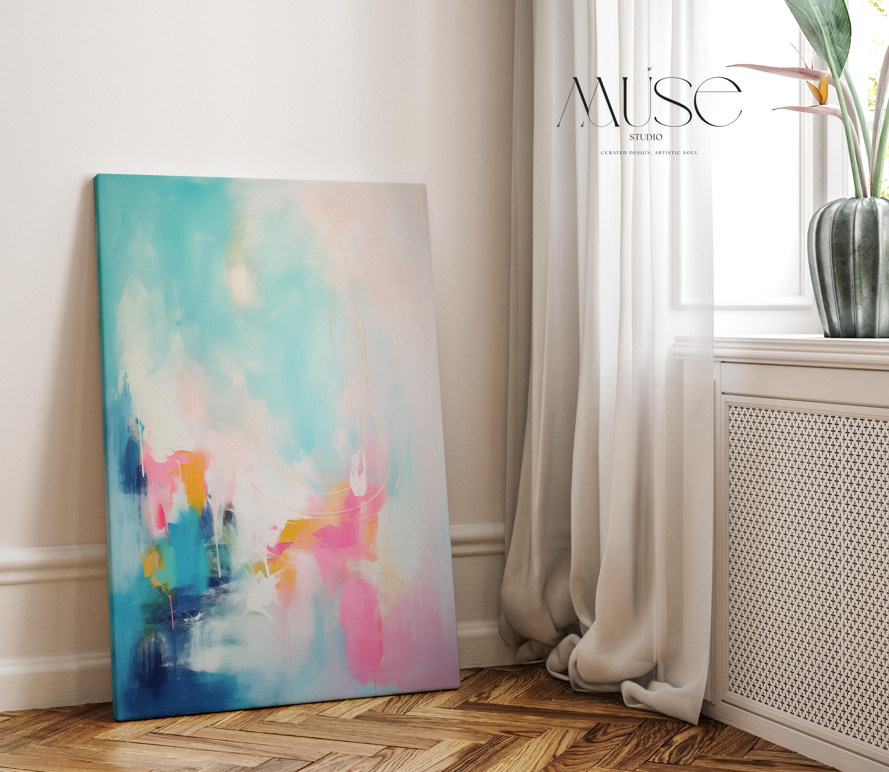 Teal Pink Wall Art Vertical Abstract Canvas Painting Large Framed Decor Art Modern Colorful Statement for Living Room & Office | 058