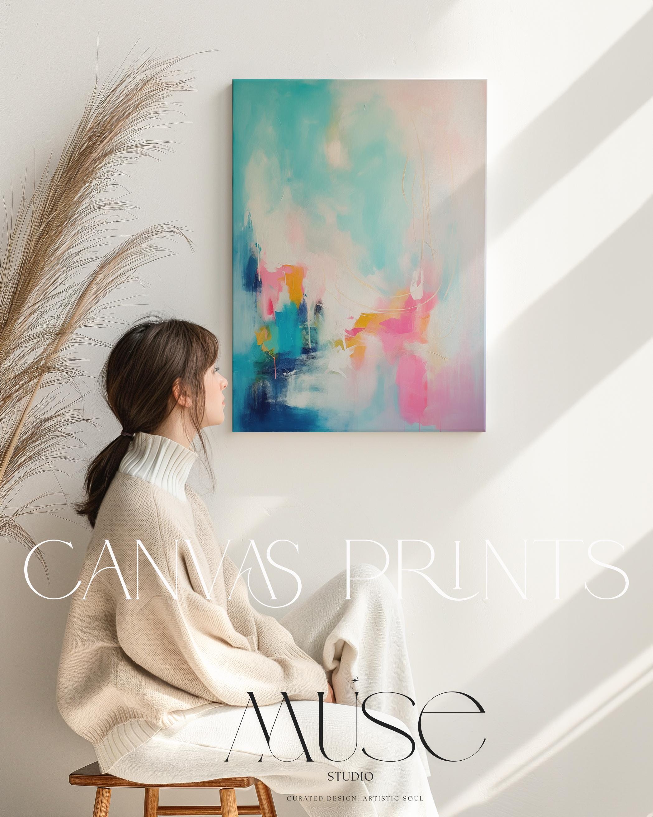 Teal Pink Wall Art Vertical Abstract Canvas Painting Large Framed Decor Art Modern Colorful Statement for Living Room & Office | 058