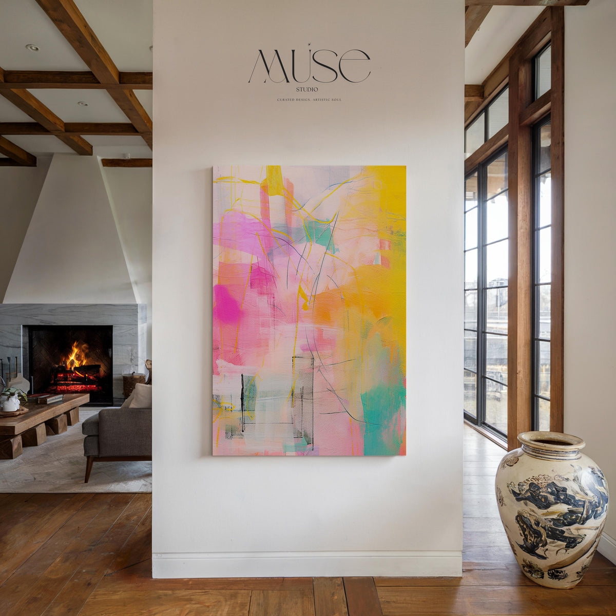 Vertical Wall Art Modern Abstract Pink Yellow Canvas Print Home Decor Large Art Statement Art for Colorful Decor | 065