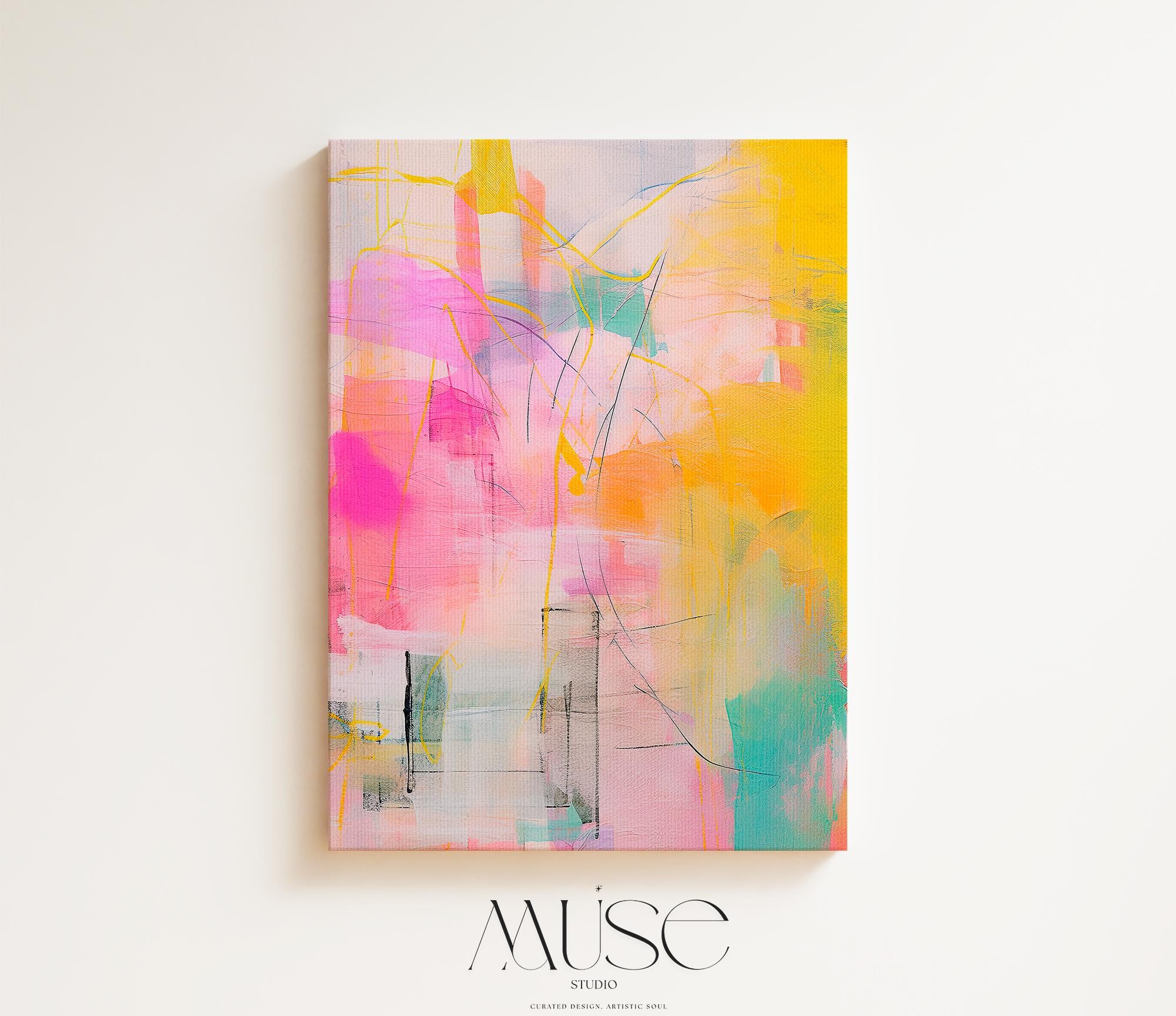 Vertical Wall Art Modern Abstract Pink Yellow Canvas Print Home Decor Large Art Statement Art for Colorful Decor | 065