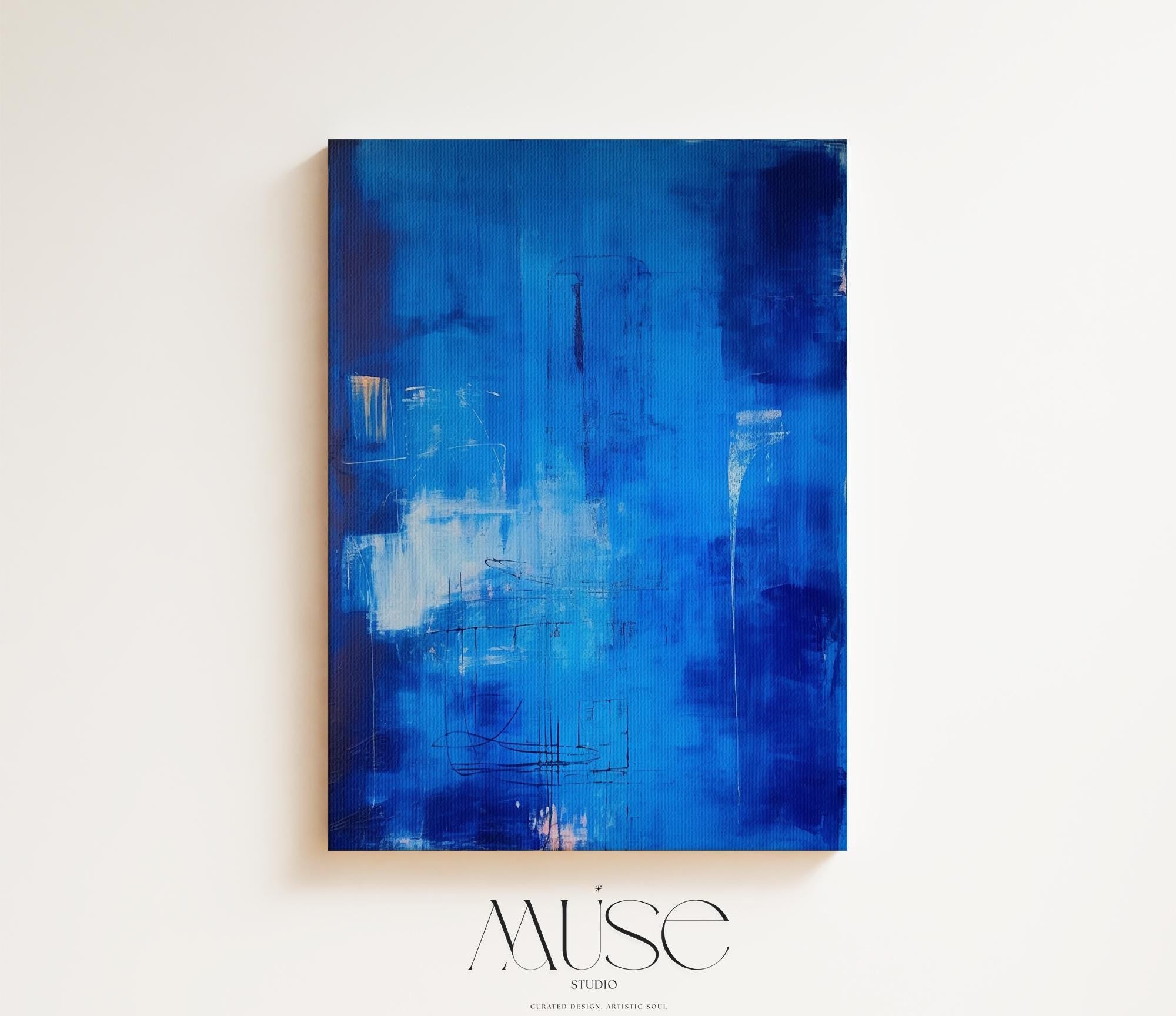 Blue Abstract Wall Art Vertical Canvas Print Large Framed Home Decor Statement Painting for Living Room Office Wall Artwork | 072