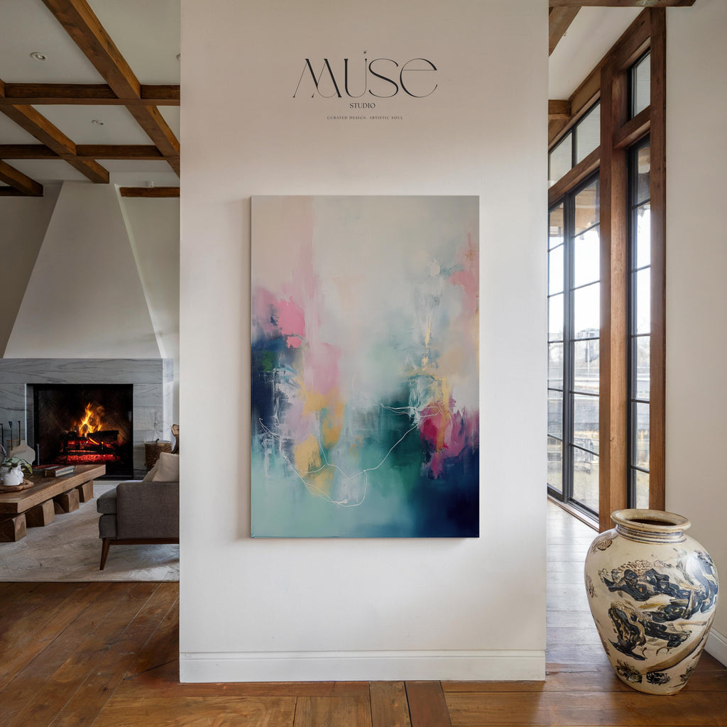 Vertical Abstract Canvas Art in Pink, Teal, and Gold, Modern Wall Decor for Living Room Office, Large Statement Art for Home Styling 202