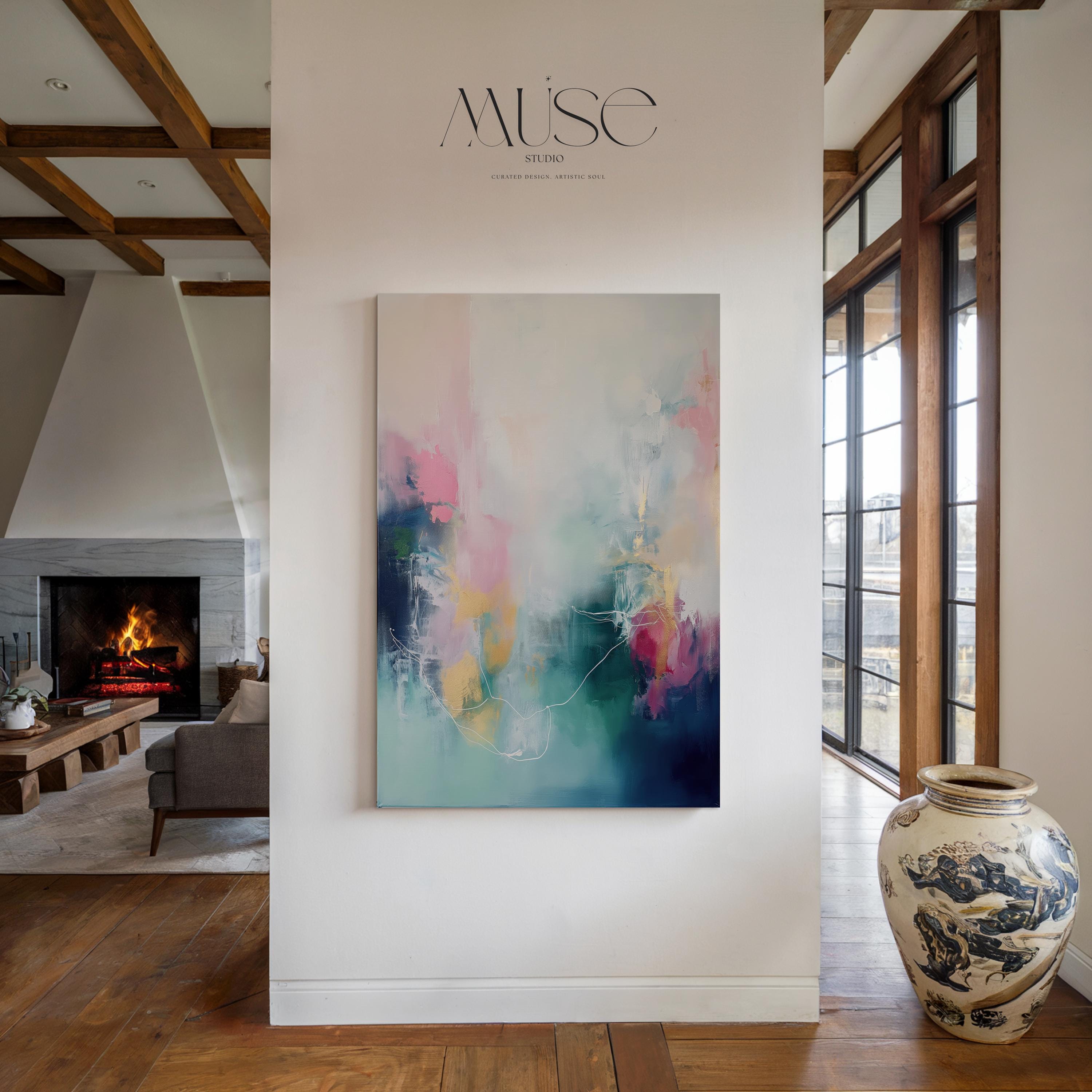 Vertical Abstract Canvas Art in Pink, Teal, and Gold, Modern Wall Decor for Living Room Office, Large Statement Art for Home Styling 202