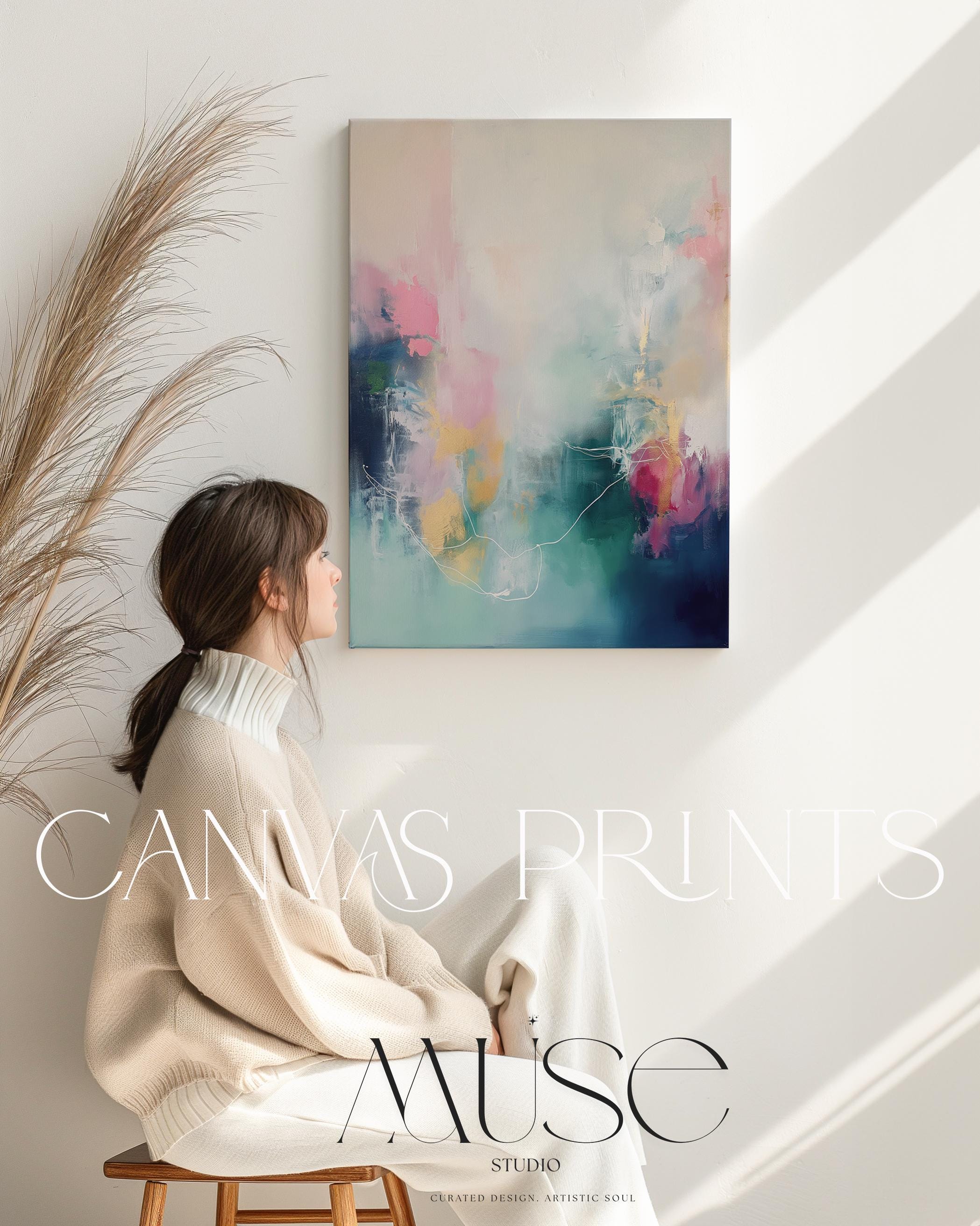 Vertical Abstract Canvas Art in Pink, Teal, and Gold, Modern Wall Decor for Living Room Office, Large Statement Art for Home Styling 202