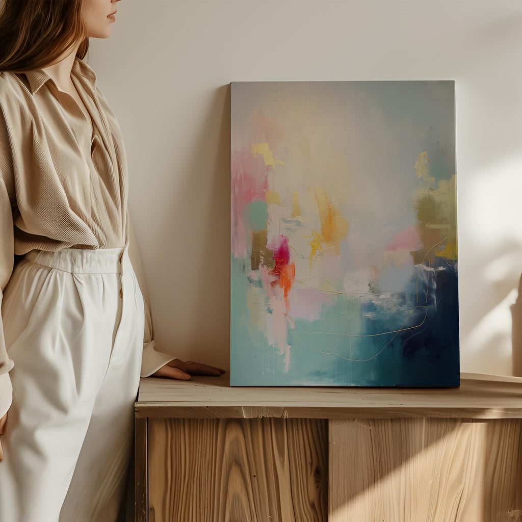 Vertical Canvas Wall Art in Teal, Gold, and Blush Pink, Modern Home Decor for Living Room Office, Large Abstract Statement Artwork 204