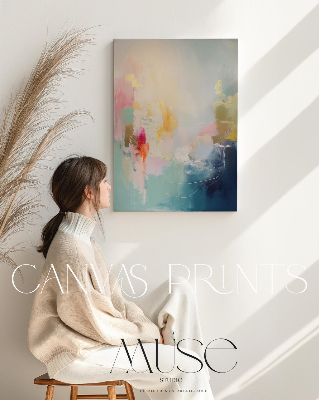 Vertical Canvas Wall Art in Teal, Gold, and Blush Pink, Modern Home Decor for Living Room Office, Large Abstract Statement Artwork 204