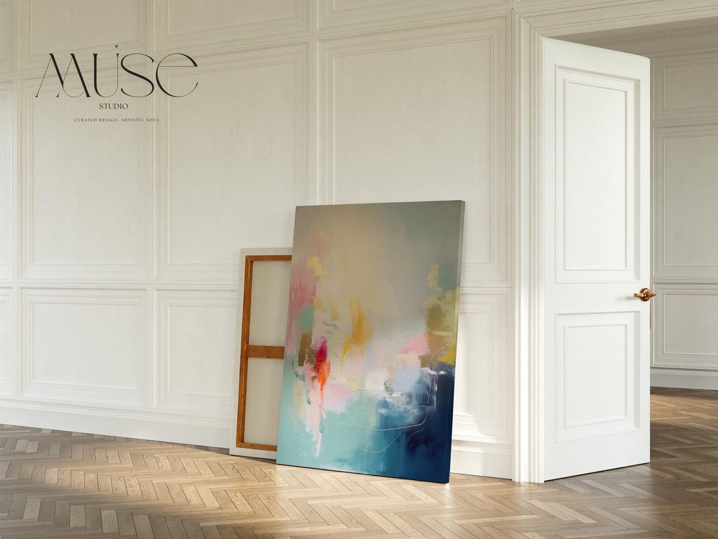 Vertical Canvas Wall Art in Teal, Gold, and Blush Pink, Modern Home Decor for Living Room Office, Large Abstract Statement Artwork 204