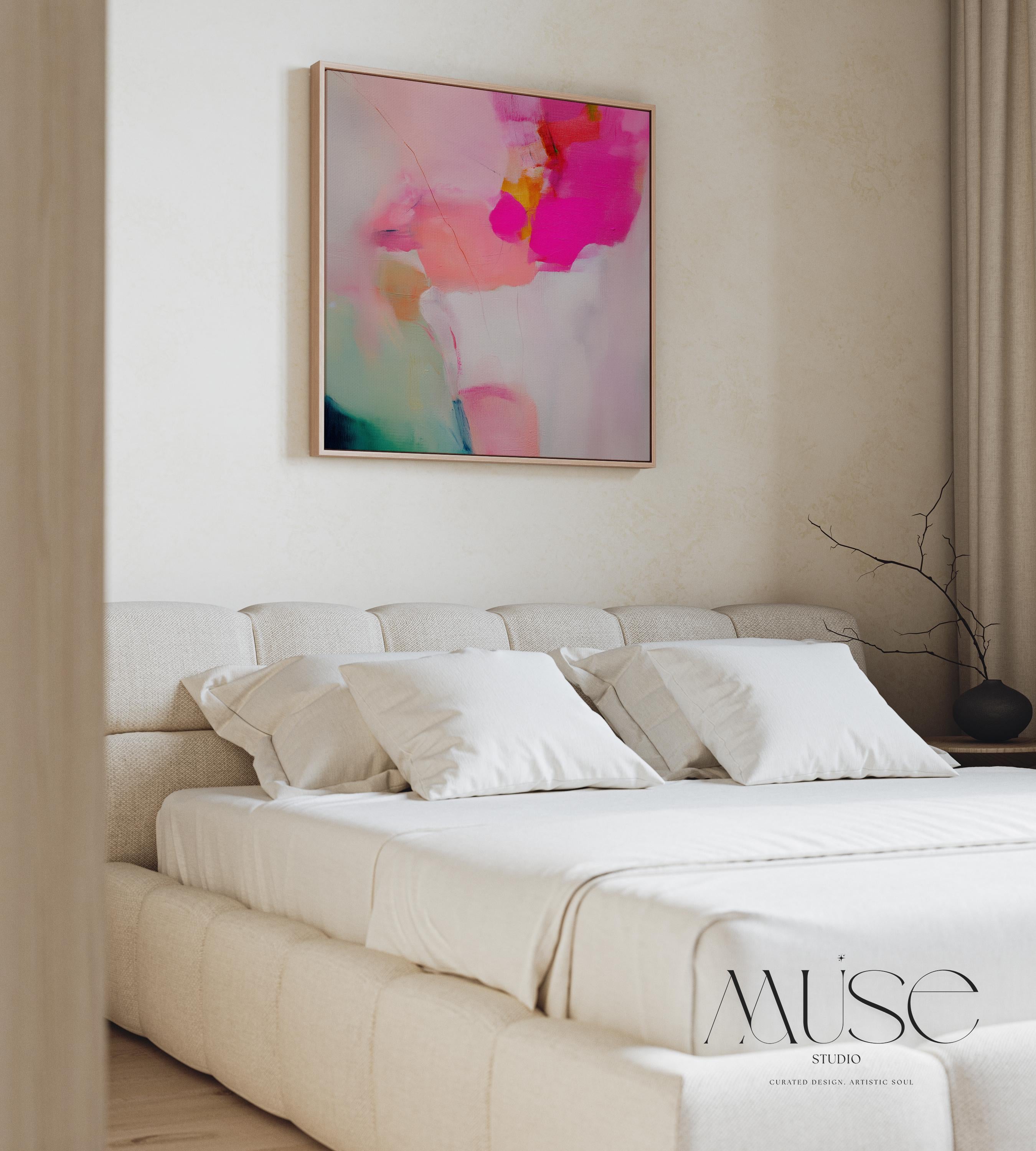 Framed Wall Art in Soft Pastel Pink and Green Modern Large Square Abstract Canvas  Decor for Living Room Oversized Statement Artwork 433