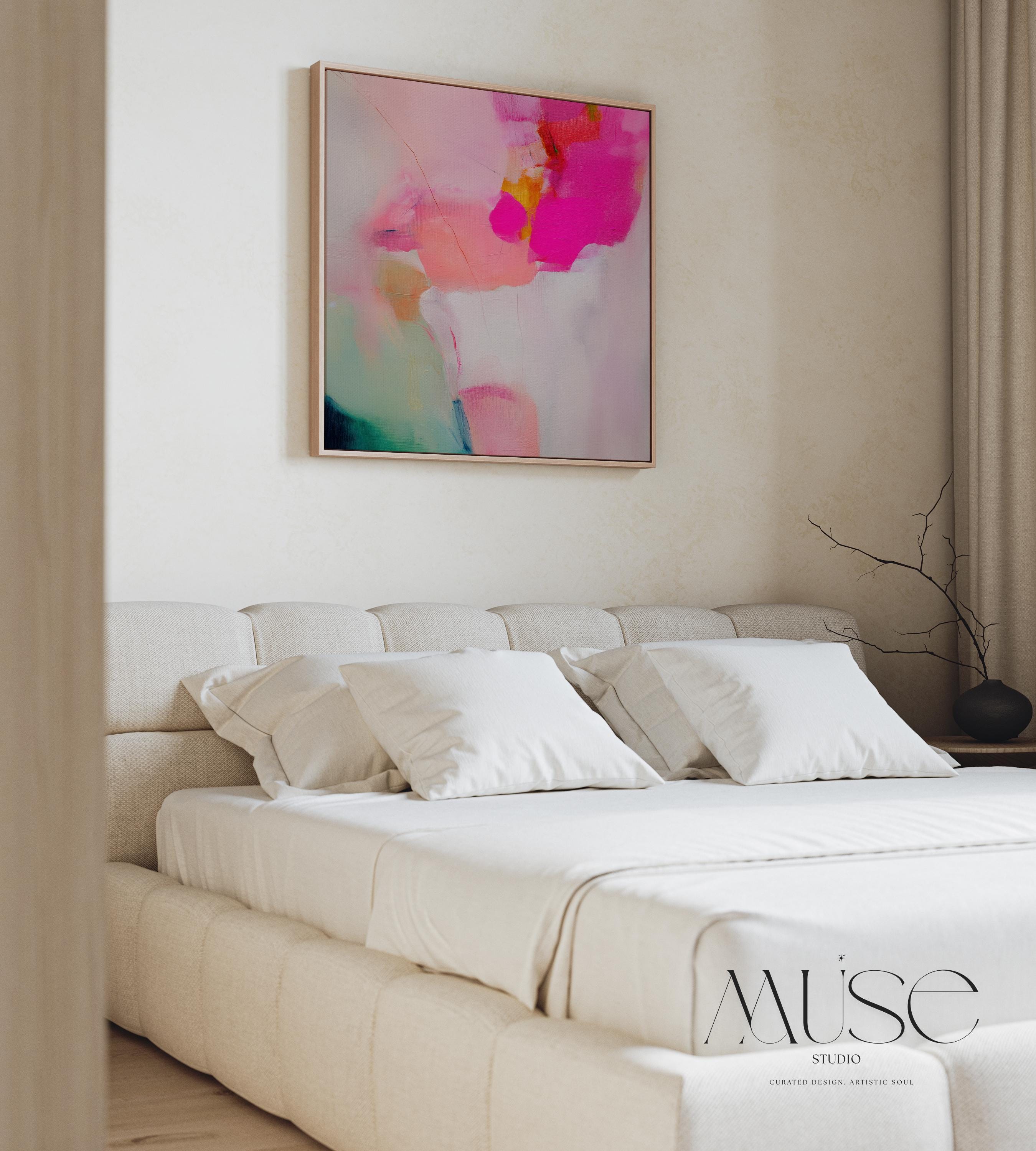 Framed Wall Art in Soft Pastel Pink and Green Modern Large Square Abstract Canvas  Decor for Living Room Oversized Statement Artwork 433 Colorful abstract wall art on framed canvas, perfect for bold decor art and modern wall decor. Large statement piece with expressive brushstrokes and rich textures. Ready-to-hang giclée canvas designed to energize living rooms, offices, and curated interiors. Muse Studio Decor Art.