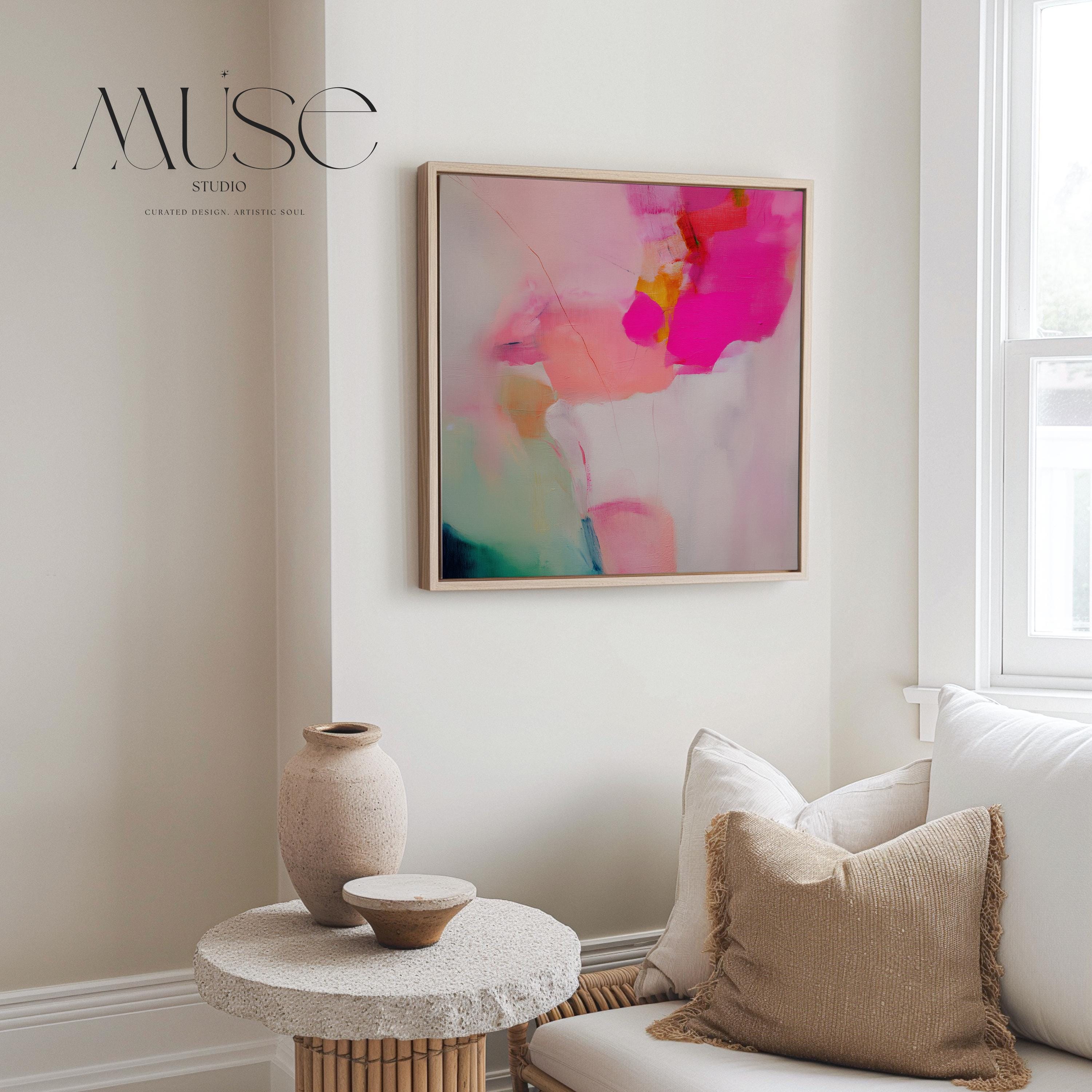Framed Wall Art in Soft Pastel Pink and Green Modern Large Square Abstract Canvas  Decor for Living Room Oversized Statement Artwork 433 Colorful abstract wall art on framed canvas, perfect for bold decor art and modern wall decor. Large statement piece with expressive brushstrokes and rich textures. Ready-to-hang giclée canvas designed to energize living rooms, offices, and curated interiors. Muse Studio Decor Art.