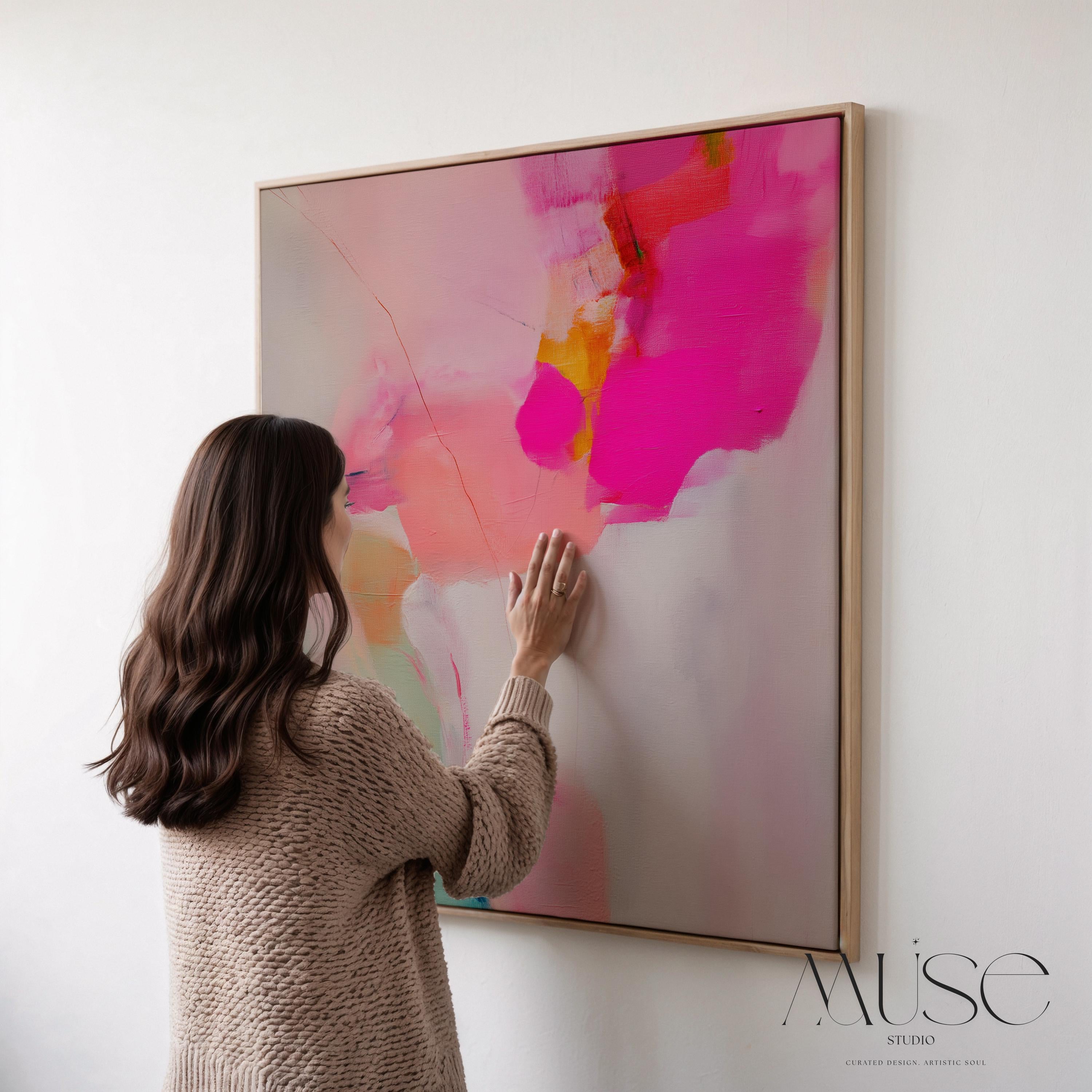 Framed Wall Art in Soft Pastel Pink and Green Modern Large Square Abstract Canvas  Decor for Living Room Oversized Statement Artwork 433 Colorful abstract wall art on framed canvas, perfect for bold decor art and modern wall decor. Large statement piece with expressive brushstrokes and rich textures. Ready-to-hang giclée canvas designed to energize living rooms, offices, and curated interiors. Muse Studio Decor Art.