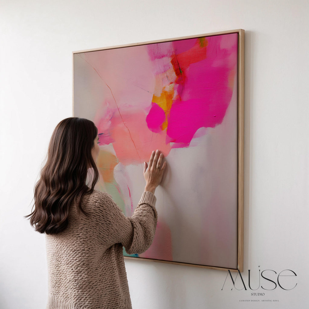 Framed Wall Art in Soft Pastel Pink and Green Modern Large Square Abstract Canvas  Decor for Living Room Oversized Statement Artwork 433 Colorful abstract wall art on framed canvas, perfect for bold decor art and modern wall decor. Large statement piece with expressive brushstrokes and rich textures. Ready-to-hang giclée canvas designed to energize living rooms, offices, and curated interiors. Muse Studio Decor Art.