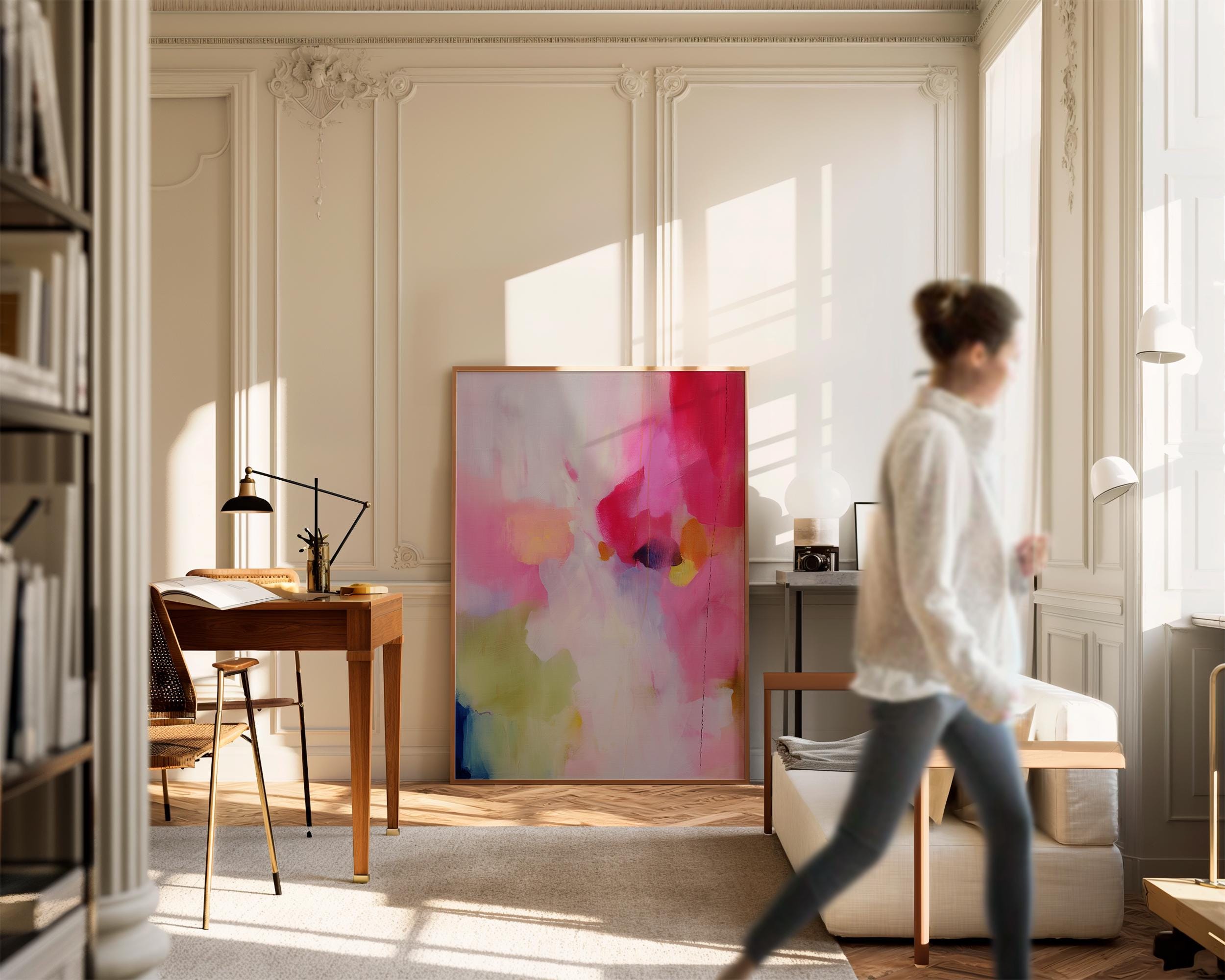 Soft Contemporary Framed Wall Art Vertical Abstract Canvas Giclée Print in Pink Soft Green Modern Art for Office or Bedroom Decor | 434