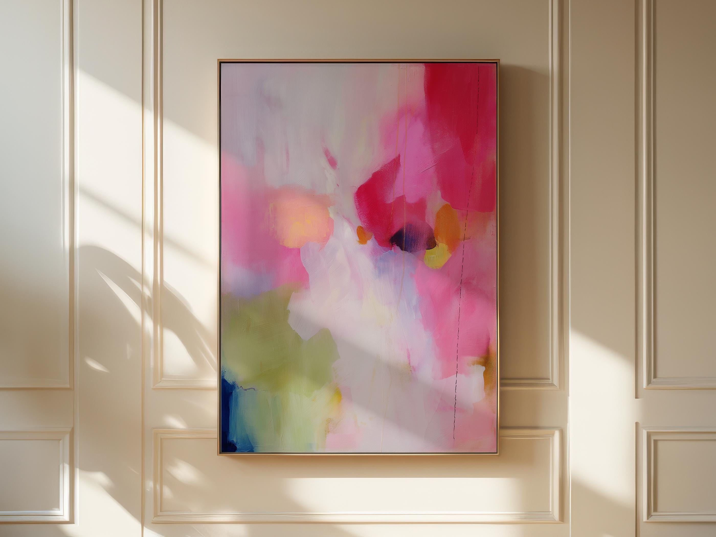 Soft Contemporary Framed Wall Art Vertical Abstract Canvas Giclée Print in Pink Soft Green Modern Art for Office or Bedroom Decor | 434 Colorful abstract wall art on framed canvas, perfect for bold decor art and modern wall decor. Large statement piece with expressive brushstrokes and rich textures. Ready-to-hang giclée canvas designed to energize living rooms, offices, and curated interiors. Muse Studio Decor Art.