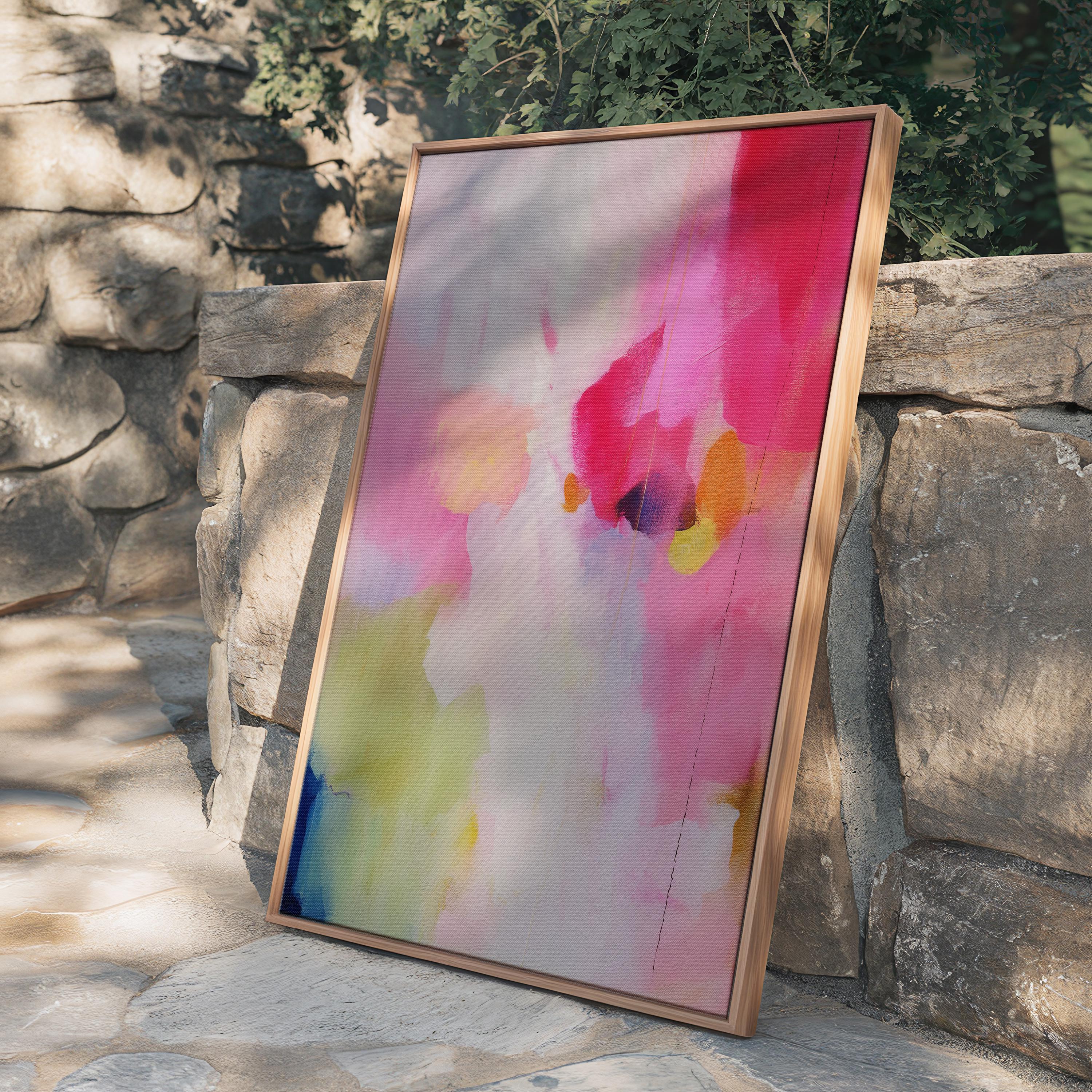 Soft Contemporary Framed Wall Art Vertical Abstract Canvas Giclée Print in Pink Soft Green Modern Art for Office or Bedroom Decor | 434 Colorful abstract wall art on framed canvas, perfect for bold decor art and modern wall decor. Large statement piece with expressive brushstrokes and rich textures. Ready-to-hang giclée canvas designed to energize living rooms, offices, and curated interiors. Muse Studio Decor Art.