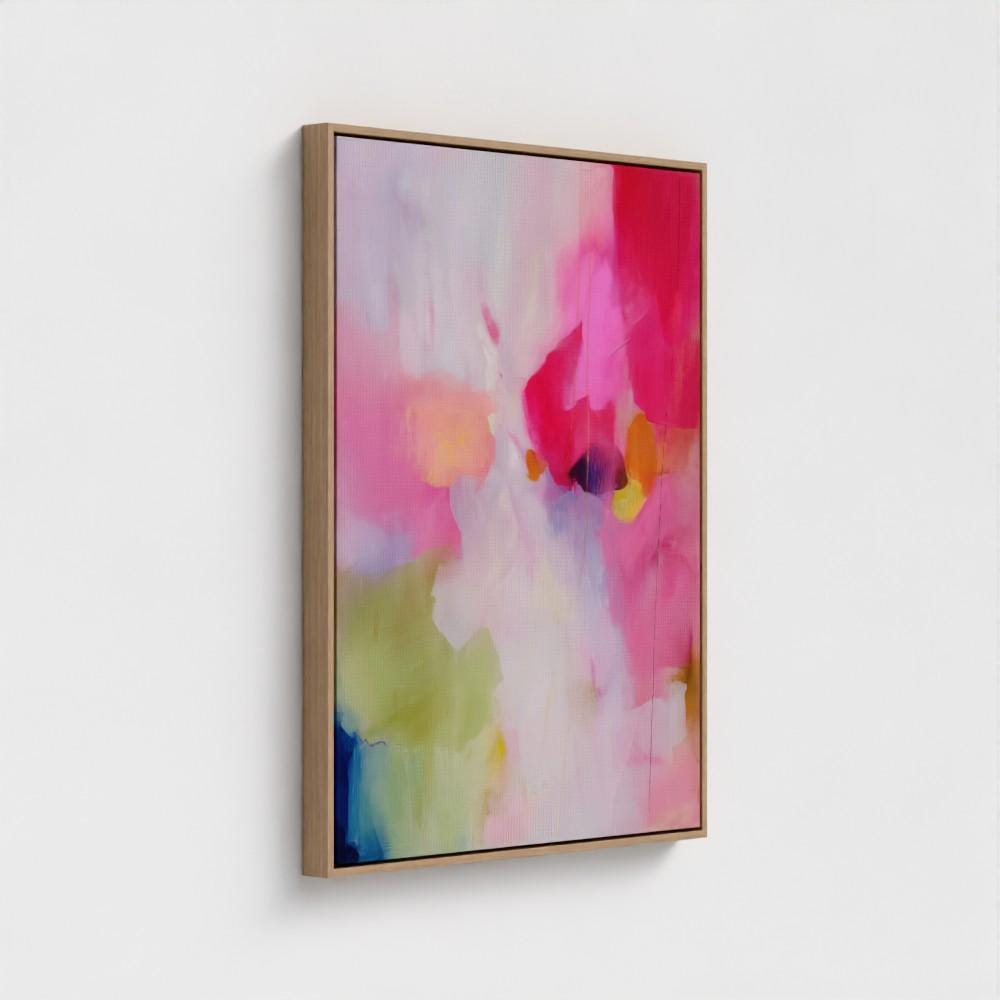 Soft Contemporary Framed Wall Art Vertical Abstract Canvas Giclée Print in Pink Soft Green Modern Art for Office or Bedroom Decor | 434 Colorful abstract wall art on framed canvas, perfect for bold decor art and modern wall decor. Large statement piece with expressive brushstrokes and rich textures. Ready-to-hang giclée canvas designed to energize living rooms, offices, and curated interiors. Muse Studio Decor Art.