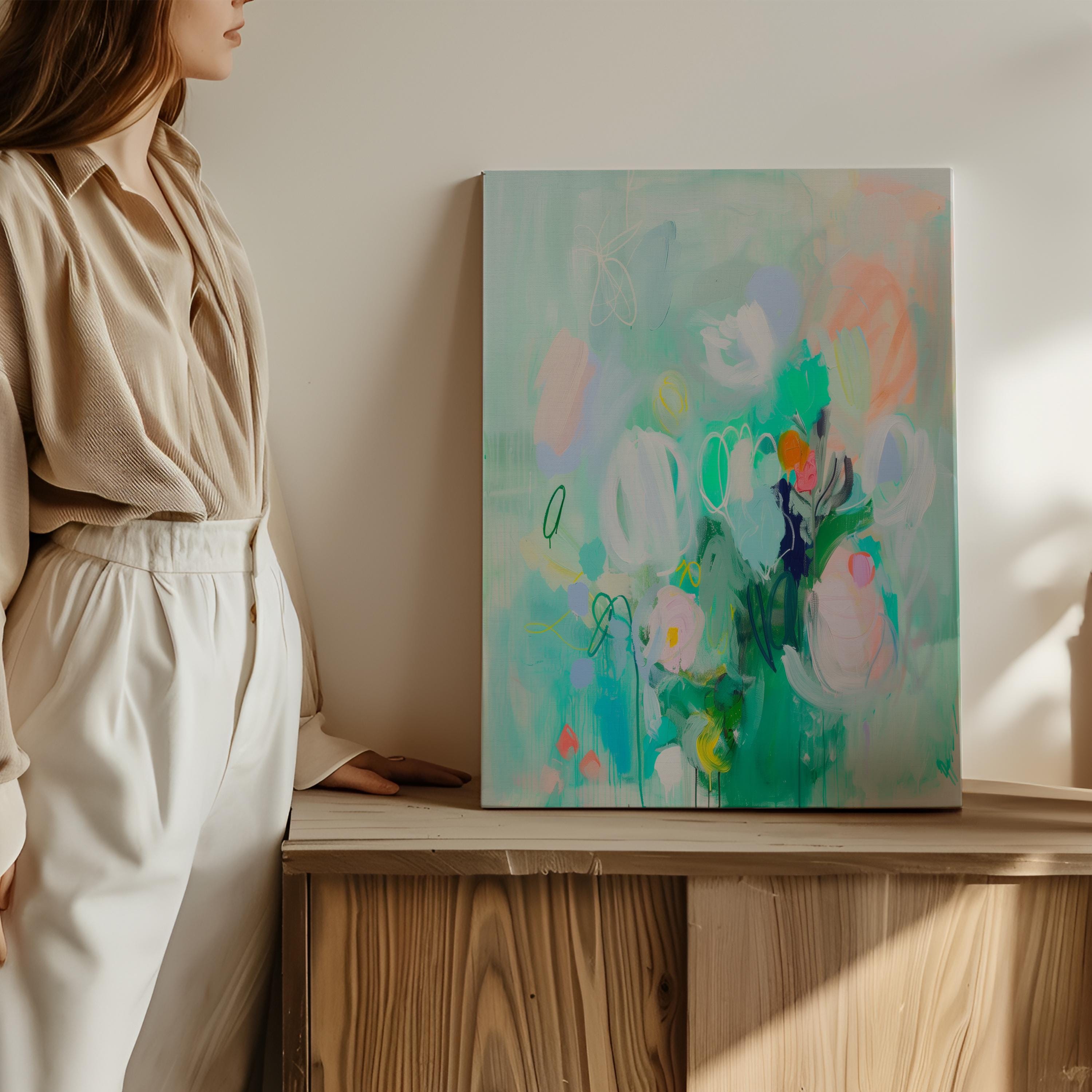 Whimsical Green Abstract Floral Canvas Art Colorful Vertical Wall Decor for Home Nursery Bright Pastel Statement Art for Home Styling 235