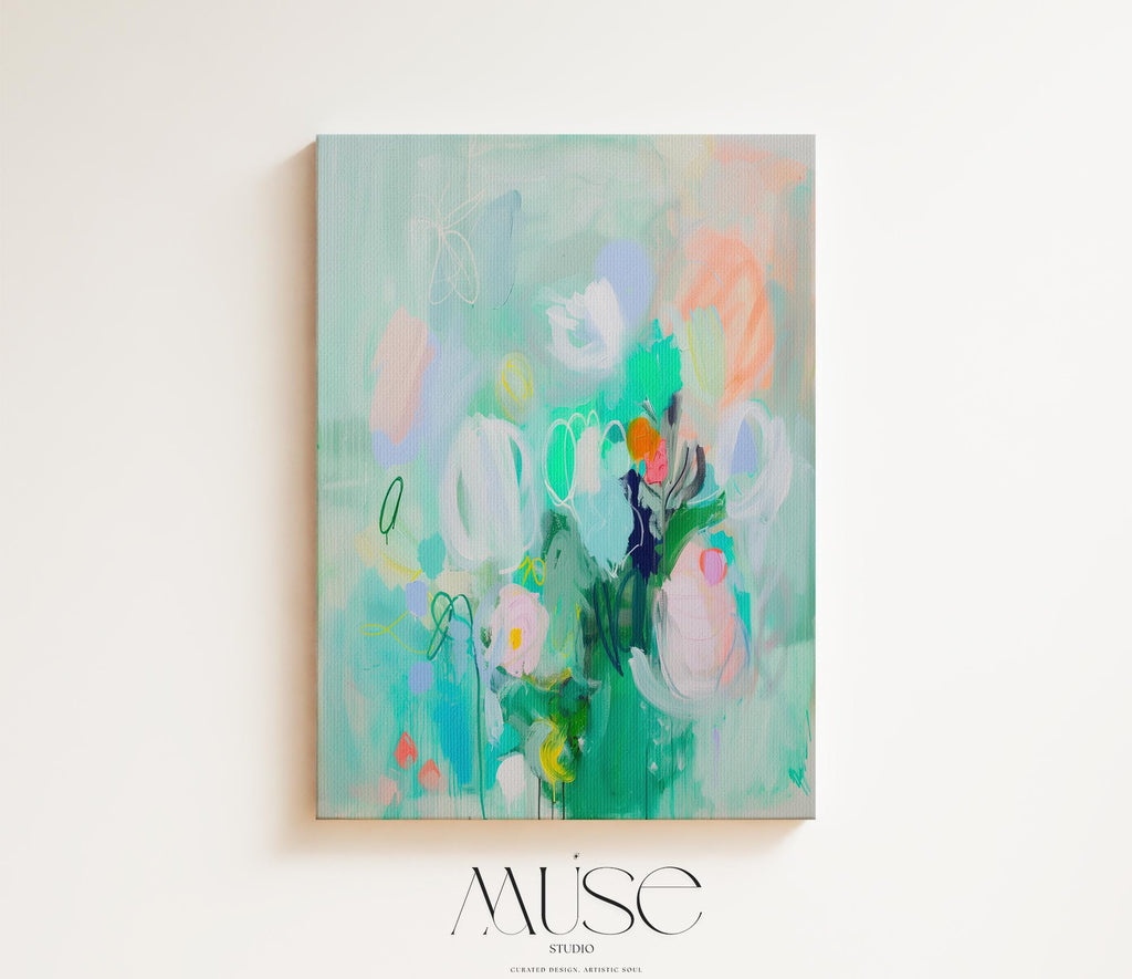 Whimsical Green Abstract Floral Canvas Art Colorful Vertical Wall Decor for Home Nursery Bright Pastel Statement Art for Home Styling 235 Large abstract wall decor on stretched canvas, gallery-wrapped and ready to hang. Perfect for colorful wall art in living rooms, office spaces, and design projects. Giclée canvas print with bold brushwork and vibrant modern style for impactful home decor. Muse Studio Decor Art.