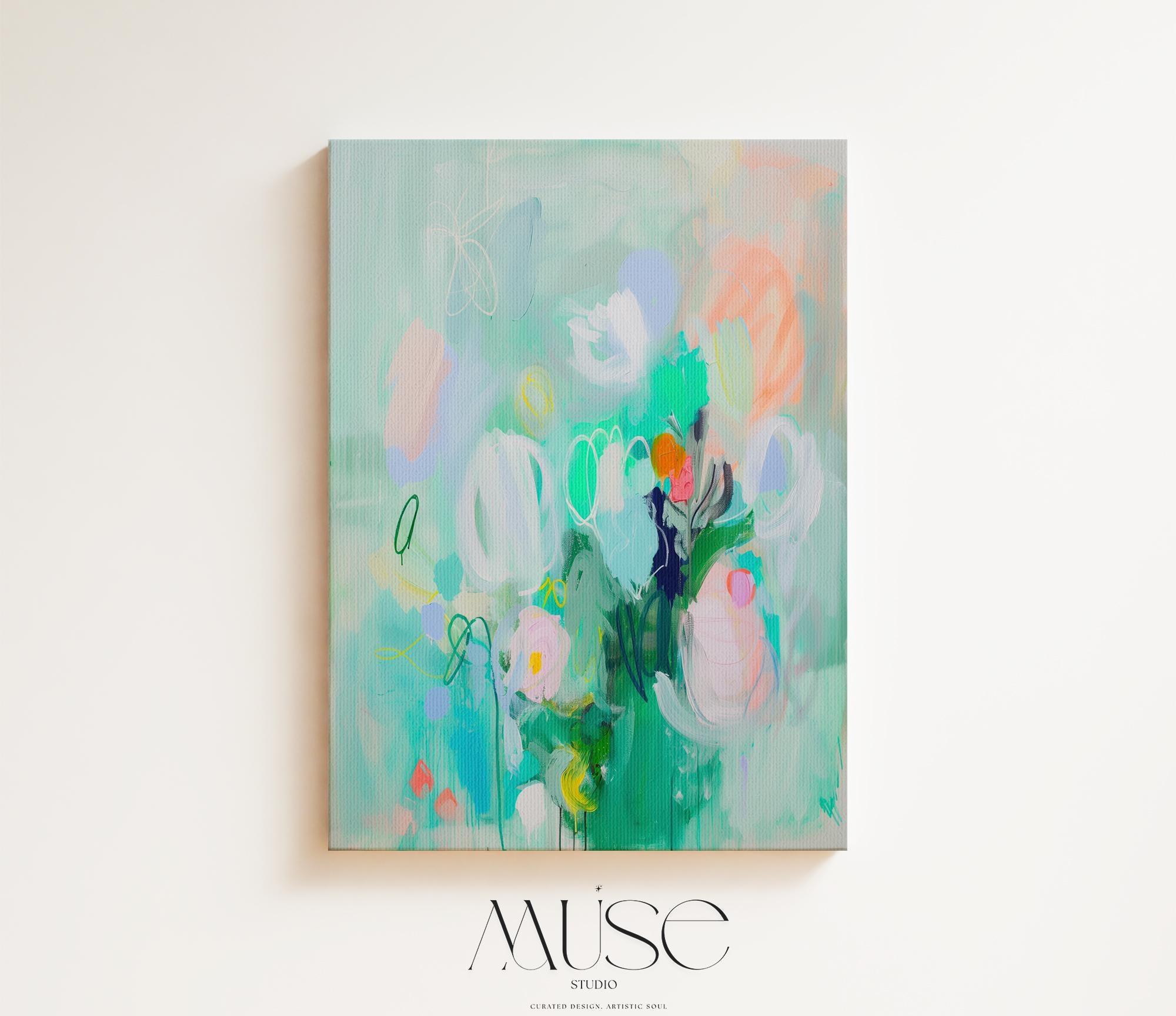 Whimsical Green Abstract Floral Canvas Art Colorful Vertical Wall Decor for Home Nursery Bright Pastel Statement Art for Home Styling 235 Large abstract wall decor on stretched canvas, gallery-wrapped and ready to hang. Perfect for colorful wall art in living rooms, office spaces, and design projects. Giclée canvas print with bold brushwork and vibrant modern style for impactful home decor. Muse Studio Decor Art.