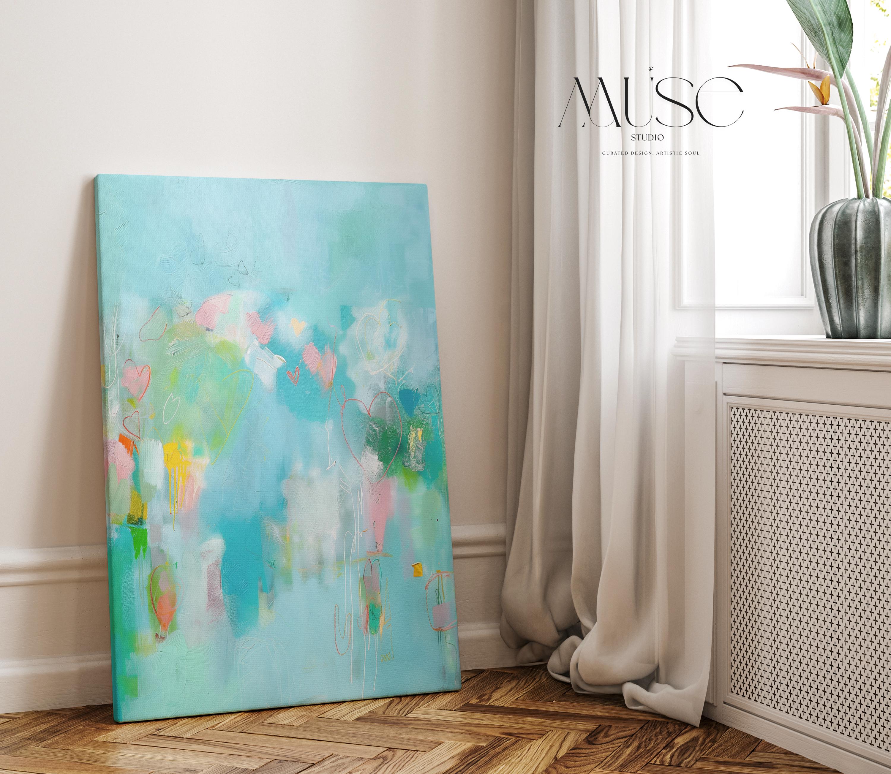 Turquoise Vertical Canvas Wall Art with Hearts Colorful Abstract Painting for Nursery Office Soft Whimsical Decor for Cheerful Interiors 237