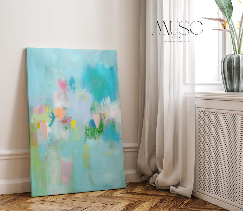 Aqua and Pastel Vertical Canvas Art Hearts Abstract Wall Decor for Nursery or Office Whimsical Modern Art Print for Bright Interiors 238