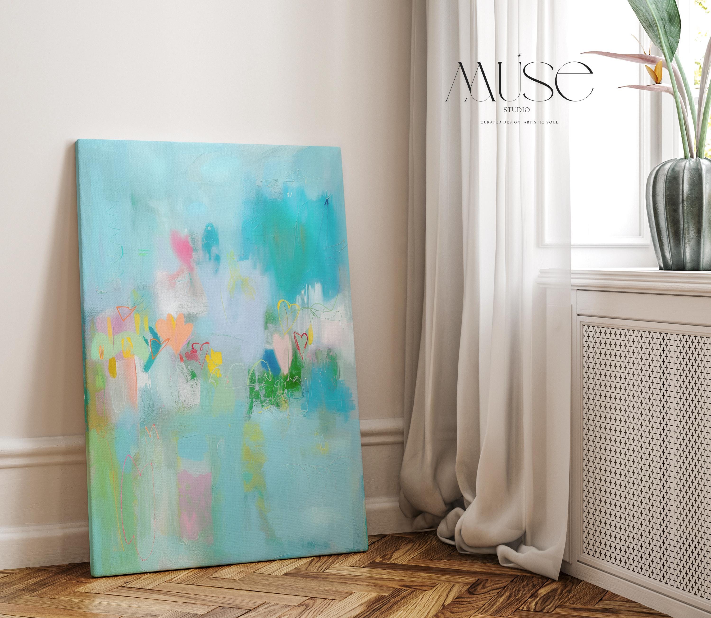 Aqua and Pastel Vertical Canvas Art Hearts Abstract Wall Decor for Nursery or Office Whimsical Modern Art Print for Bright Interiors 238