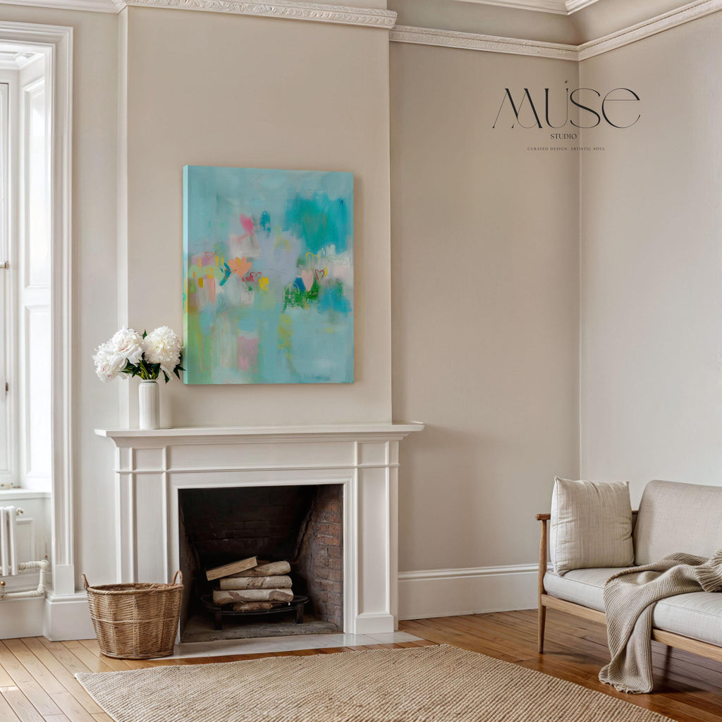 Aqua and Pastel Vertical Canvas Art Hearts Abstract Wall Decor for Nursery or Office Whimsical Modern Art Print for Bright Interiors 238
