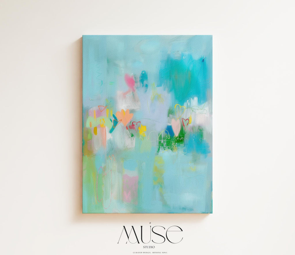 Aqua and Pastel Vertical Canvas Art Hearts Abstract Wall Decor for Nursery or Office Whimsical Modern Art Print for Bright Interiors 238