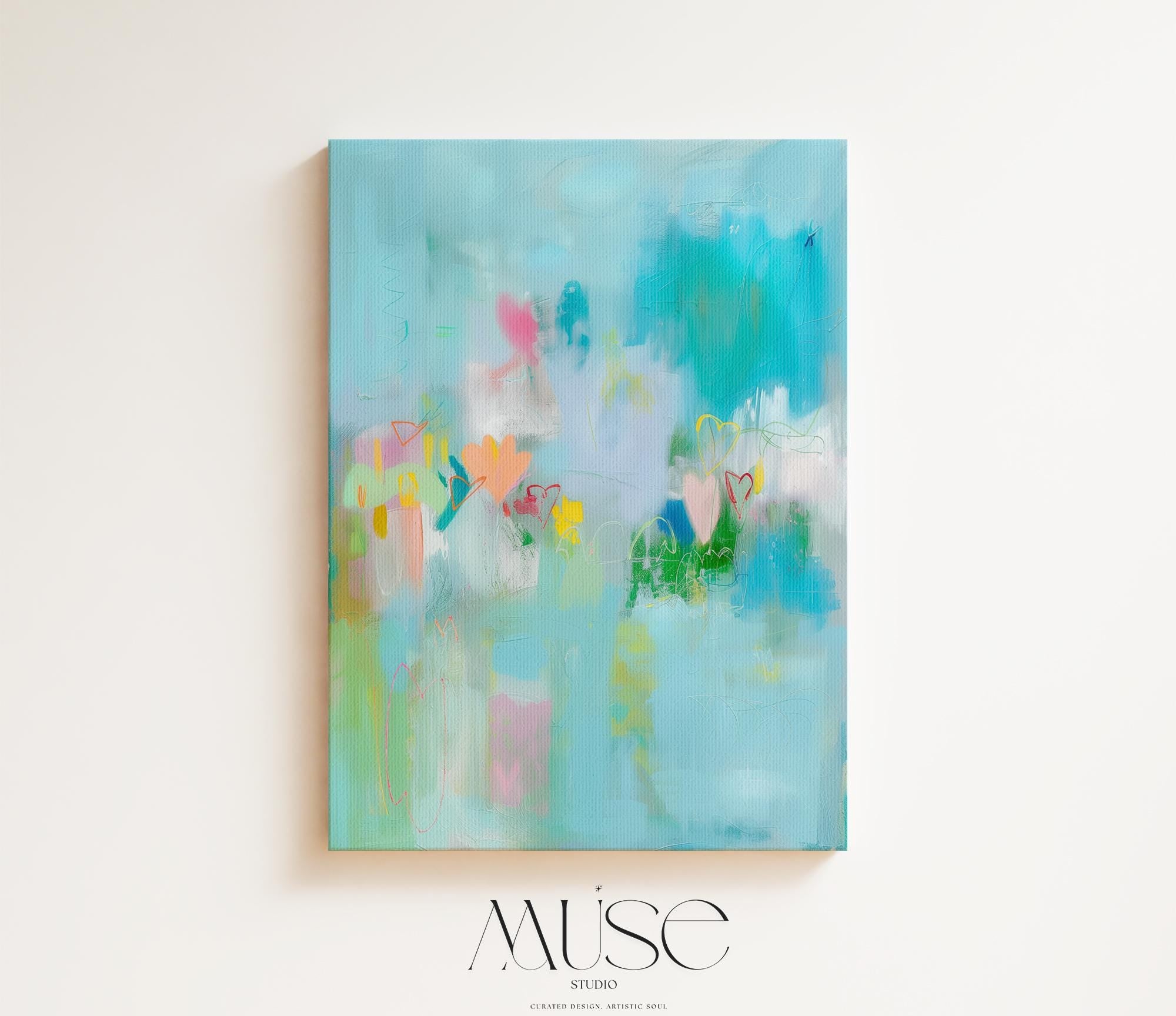 Aqua and Pastel Vertical Canvas Art Hearts Abstract Wall Decor for Nursery or Office Whimsical Modern Art Print for Bright Interiors 238