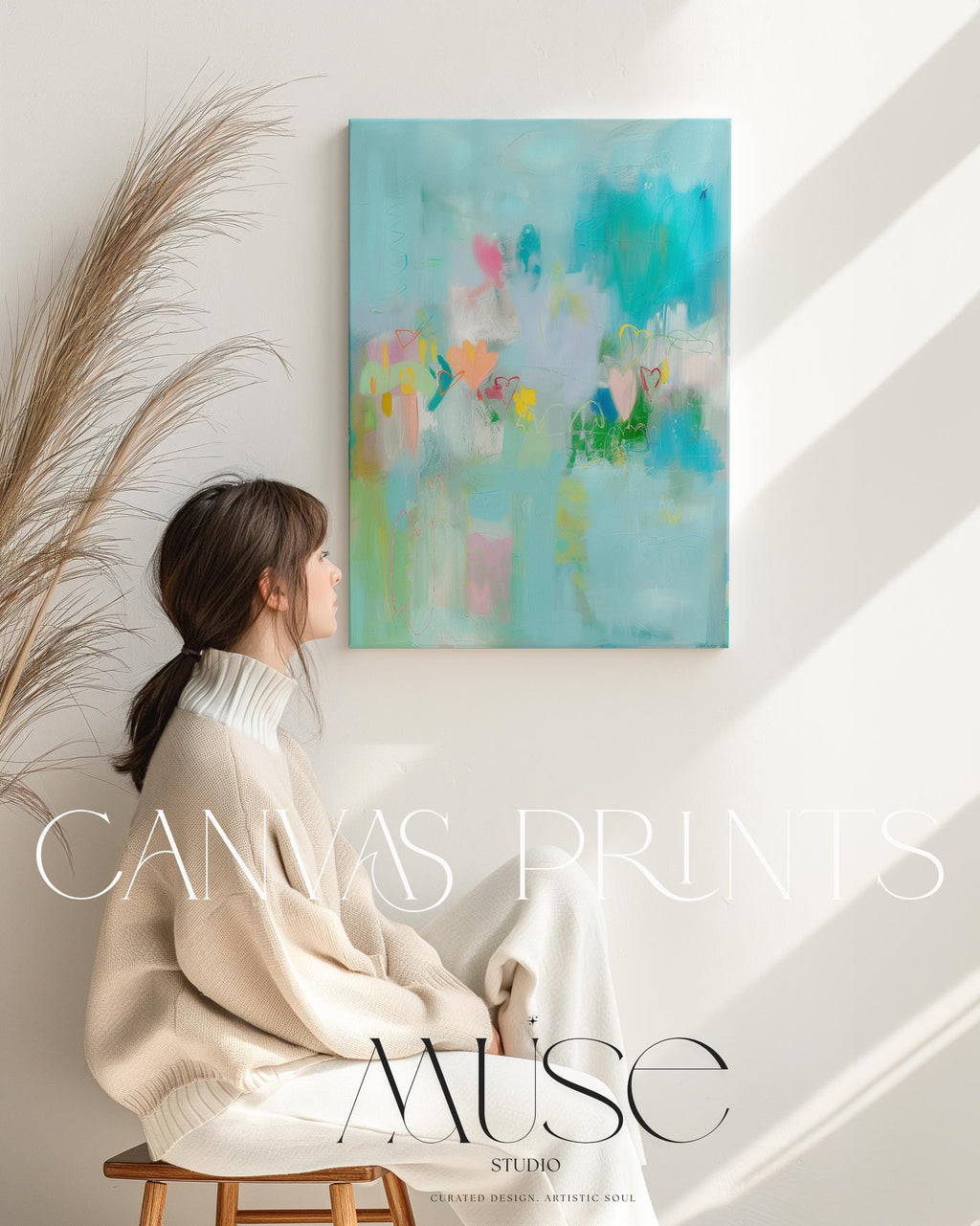 Aqua and Pastel Vertical Canvas Art Hearts Abstract Wall Decor for Nursery or Office Whimsical Modern Art Print for Bright Interiors 238