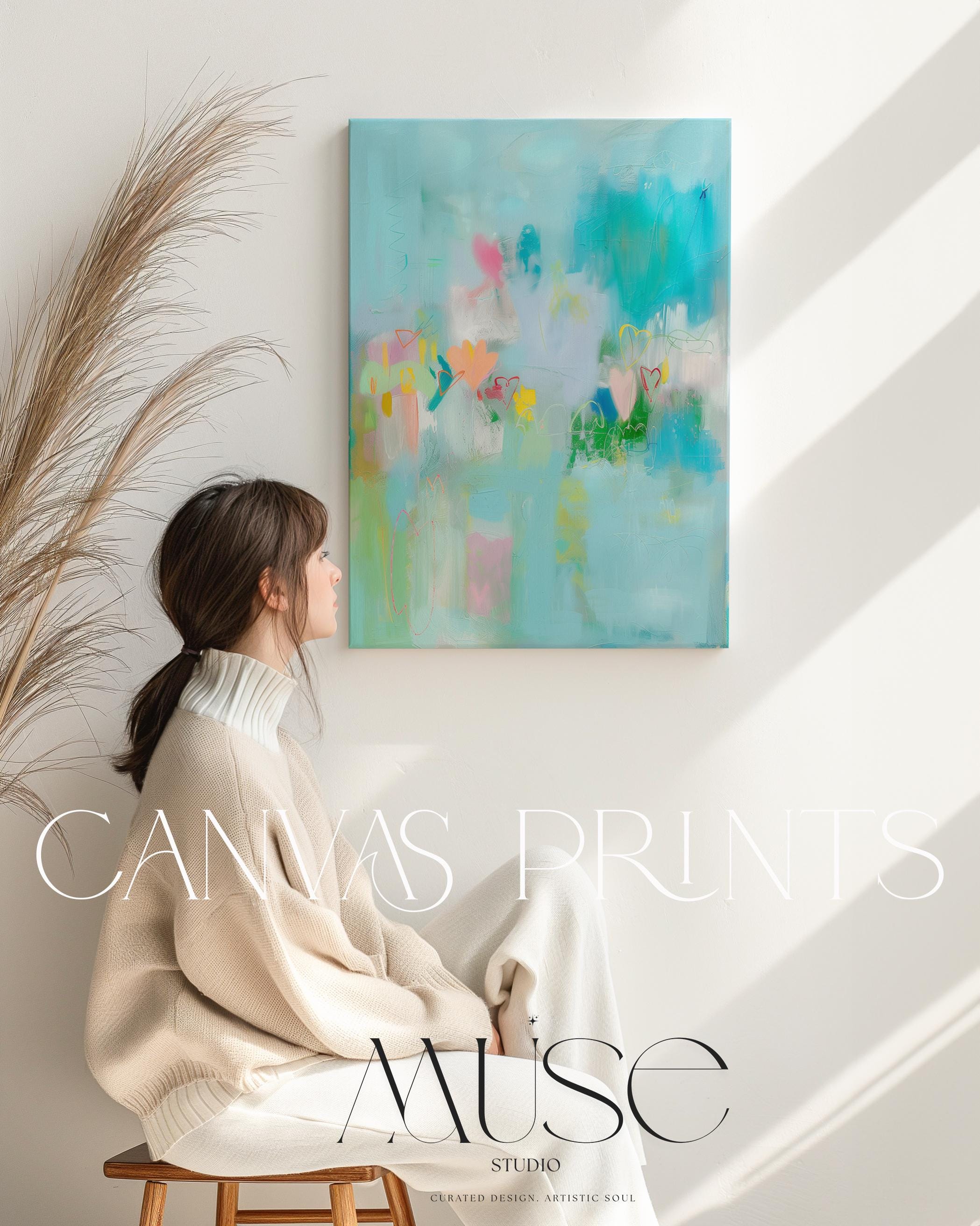 Aqua and Pastel Vertical Canvas Art Hearts Abstract Wall Decor for Nursery or Office Whimsical Modern Art Print for Bright Interiors 238