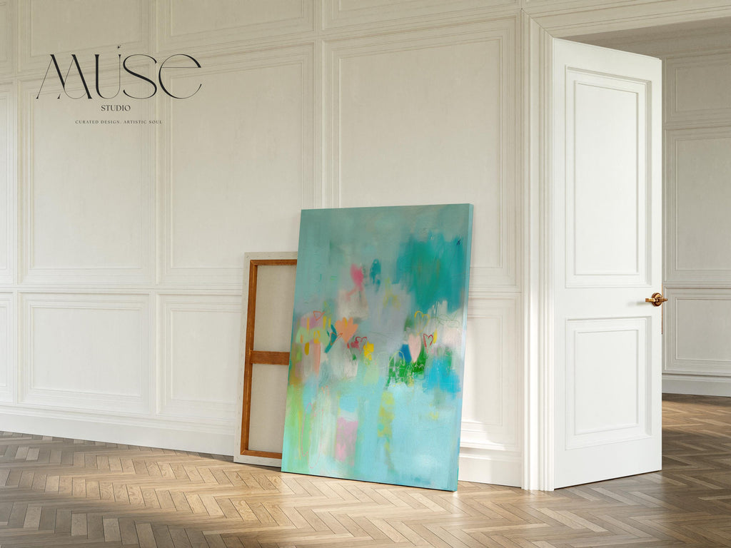 Aqua and Pastel Vertical Canvas Art Hearts Abstract Wall Decor for Nursery or Office Whimsical Modern Art Print for Bright Interiors 238