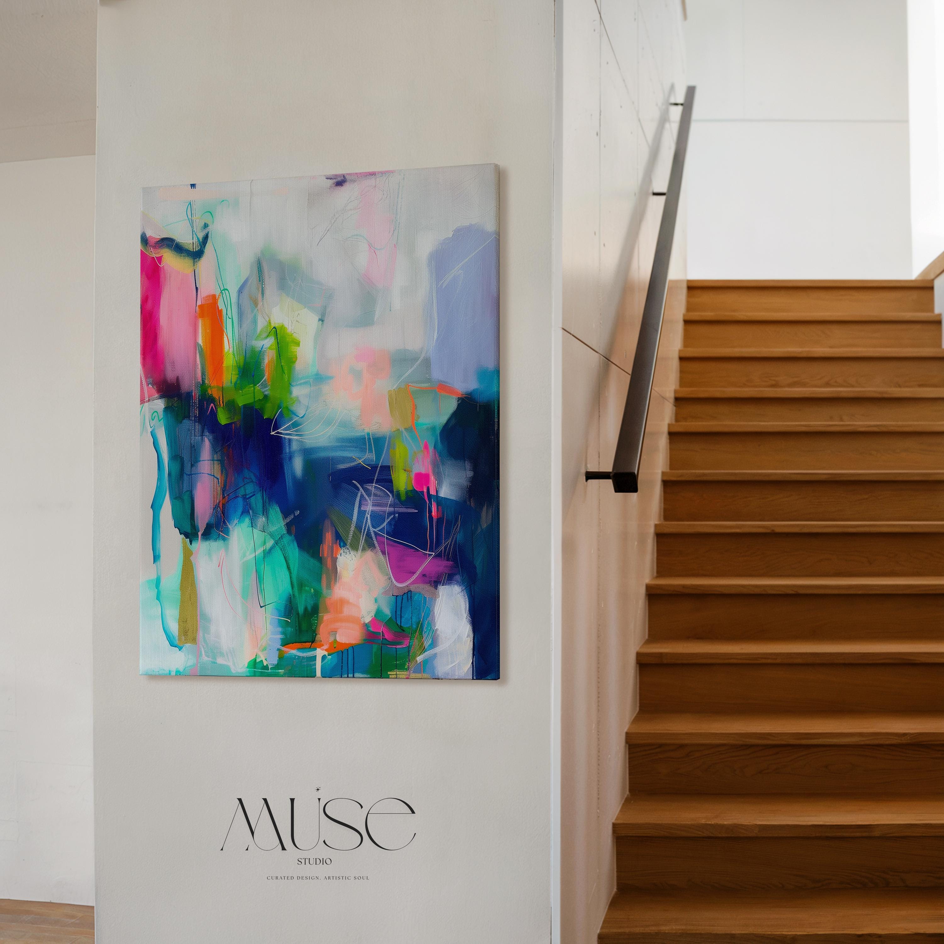 Bold Vertical Canvas Art in Pink, Blue, and Lime, Expressive Abstract Wall Painting, Colorful Statement Decor for Living Room or Studio 247