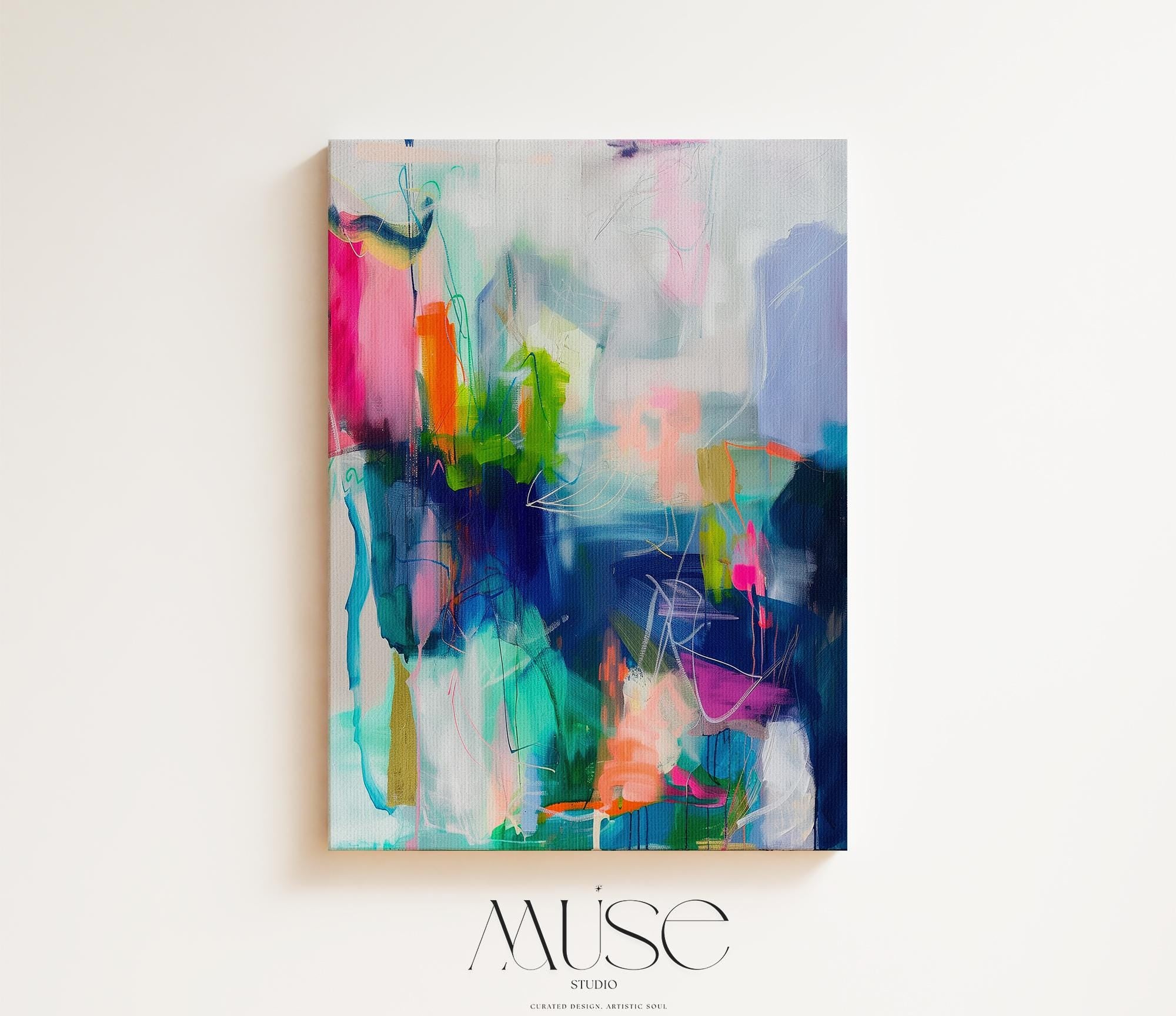 Bold Vertical Canvas Art in Pink, Blue, and Lime, Expressive Abstract Wall Painting, Colorful Statement Decor for Living Room or Studio 247