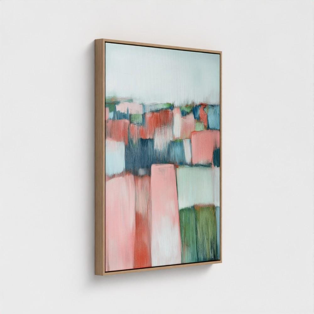 Horizontal abstract wall art in green and blush pink tones with a rustic farmhouse aesthetic and textural movement. Perfect for living rooms, bedrooms, or transitional interiors. Available as framed canvas or gallery-wrapped giclée wall art by Muse Studio.