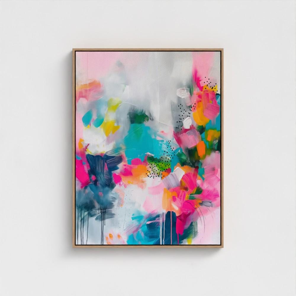 Colorful abstract art print on framed canvas, perfect for vibrant wall decor, modern home design, office decor, and staging projects. Large statement art featuring bold brushstrokes and colorful texture. Ready-to-hang giclée canvas adds energy to any living space.