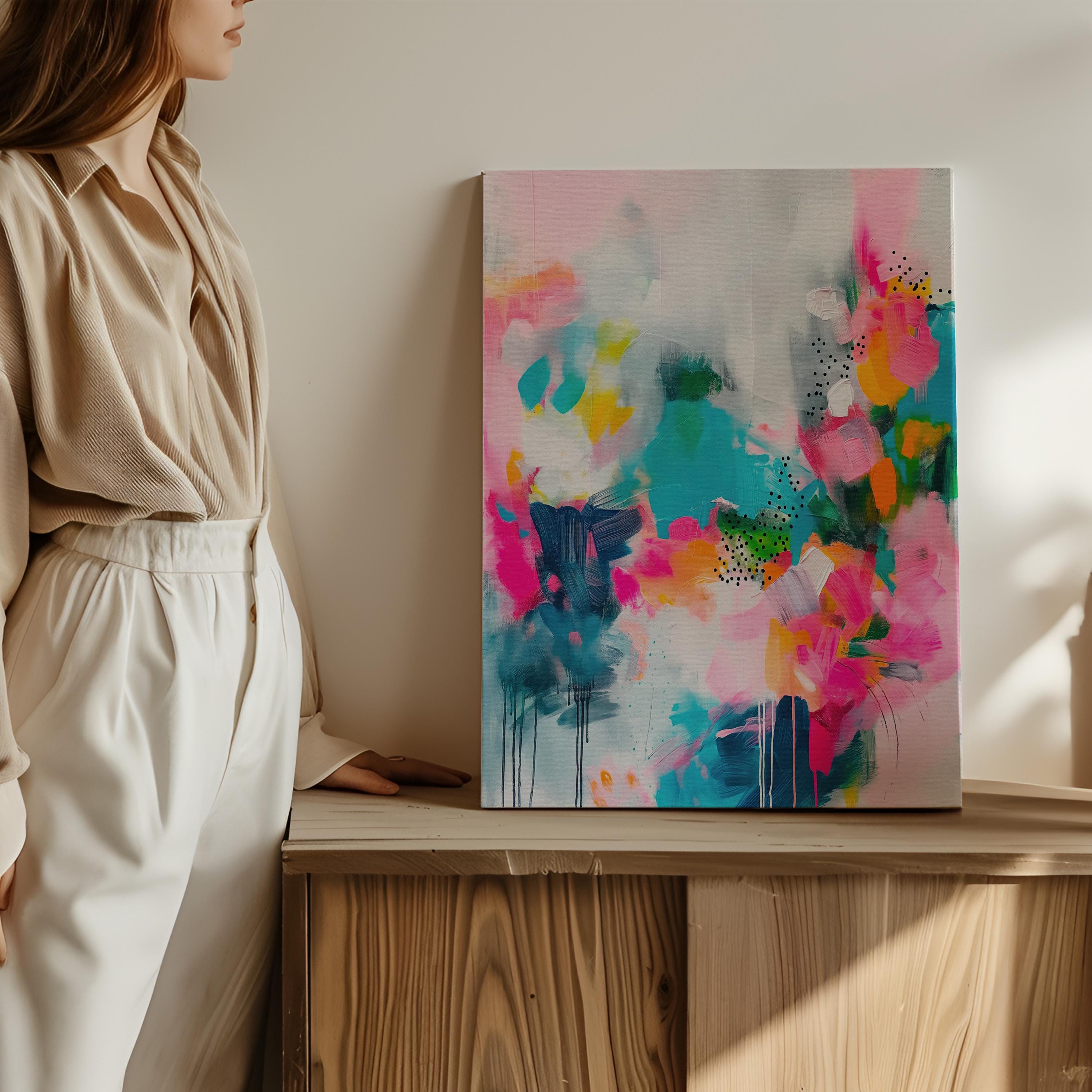 Vibrant Vertical Canvas Wall Art in Pink and Teal, Abstract Floral Painting for Home or Office, Bold Colorful Dopamine Decor Print 255
