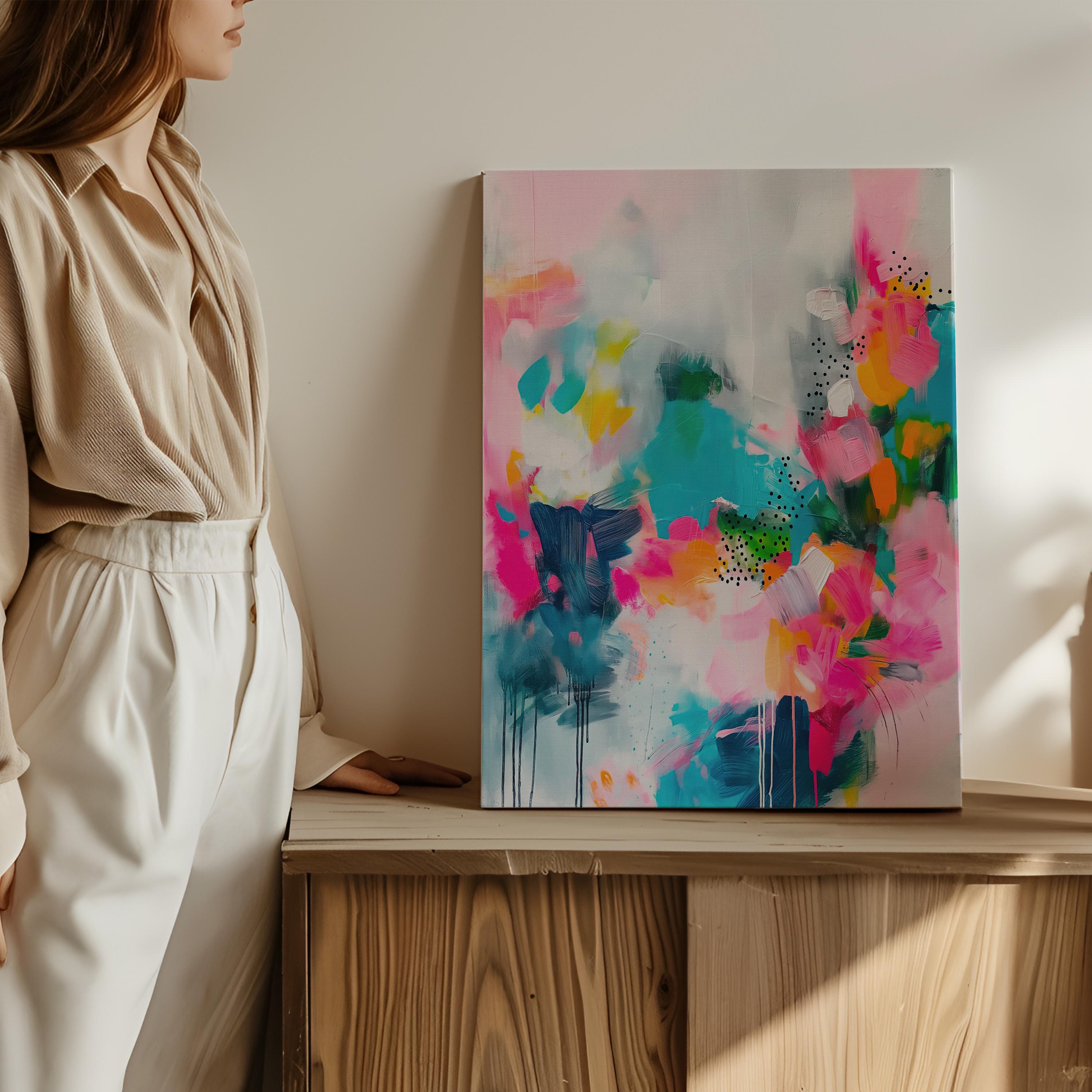 Vibrant Vertical Canvas Wall Art in Pink and Teal, Abstract Floral Painting for Home or Office, Bold Colorful Dopamine Decor Print 255 Stretched Canvas Art 
Large abstract wall decor on stretched canvas, gallery-wrapped and ready to hang. Perfect for colorful wall art in living rooms, office spaces, and design projects. Giclée canvas print with bold brushwork and vibrant modern style for impactful home decor. Muse Studio Decor Art.