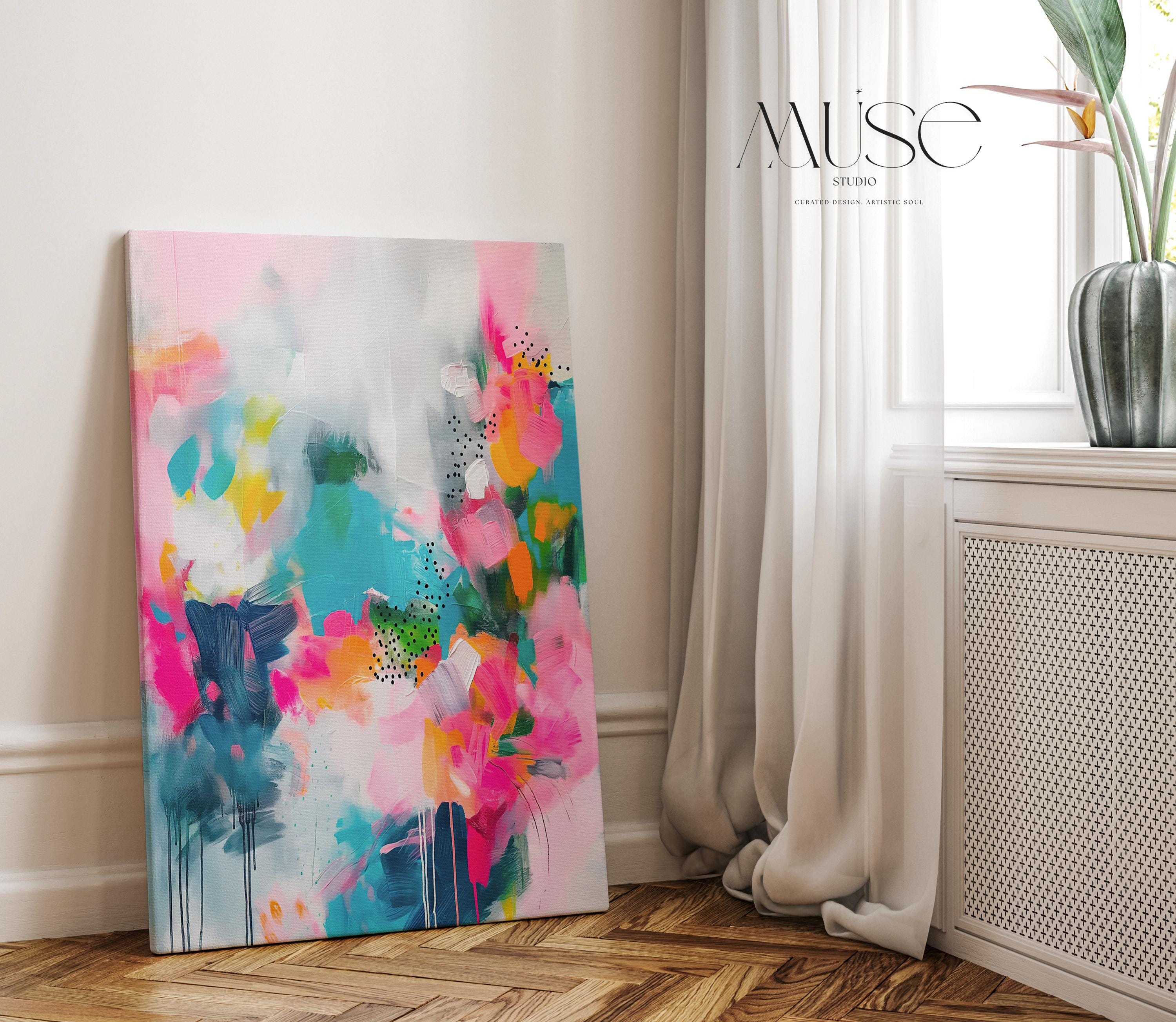 Vibrant Vertical Canvas Wall Art in Pink and Teal, Abstract Floral Painting for Home or Office, Bold Colorful Dopamine Decor Print 255
