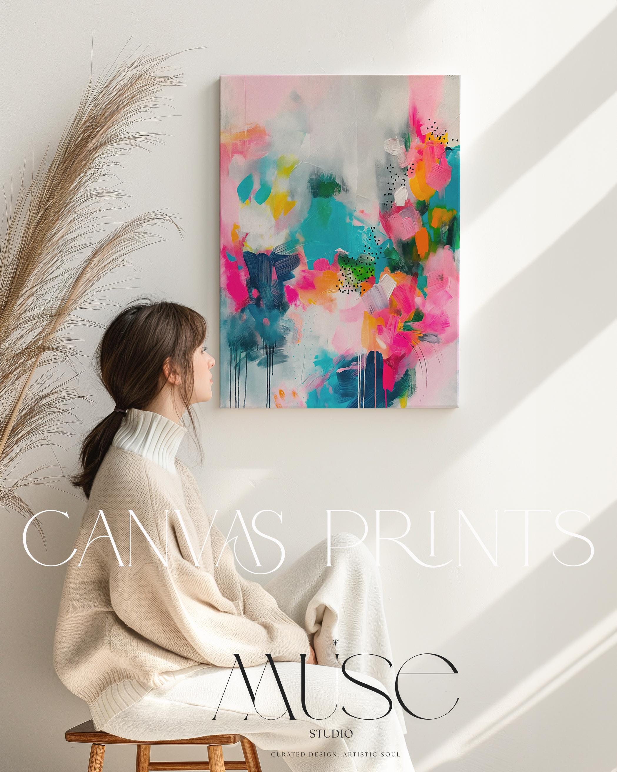 Vibrant Vertical Canvas Wall Art in Pink and Teal, Abstract Floral Painting for Home or Office, Bold Colorful Dopamine Decor Print 255 Stretched Canvas Art 
Large abstract wall decor on stretched canvas, gallery-wrapped and ready to hang. Perfect for colorful wall art in living rooms, office spaces, and design projects. Giclée canvas print with bold brushwork and vibrant modern style for impactful home decor. Muse Studio Decor Art.