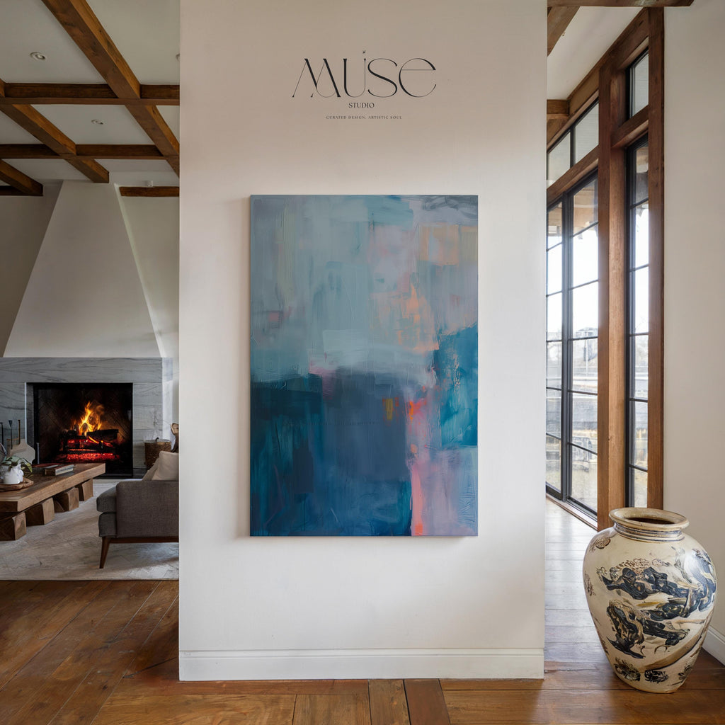 Modern Vertical Canvas Wall Art in Blue and Mauve Abstract Painting Print for Office or Living Room Soft Moody Decor Curated Interiors 262