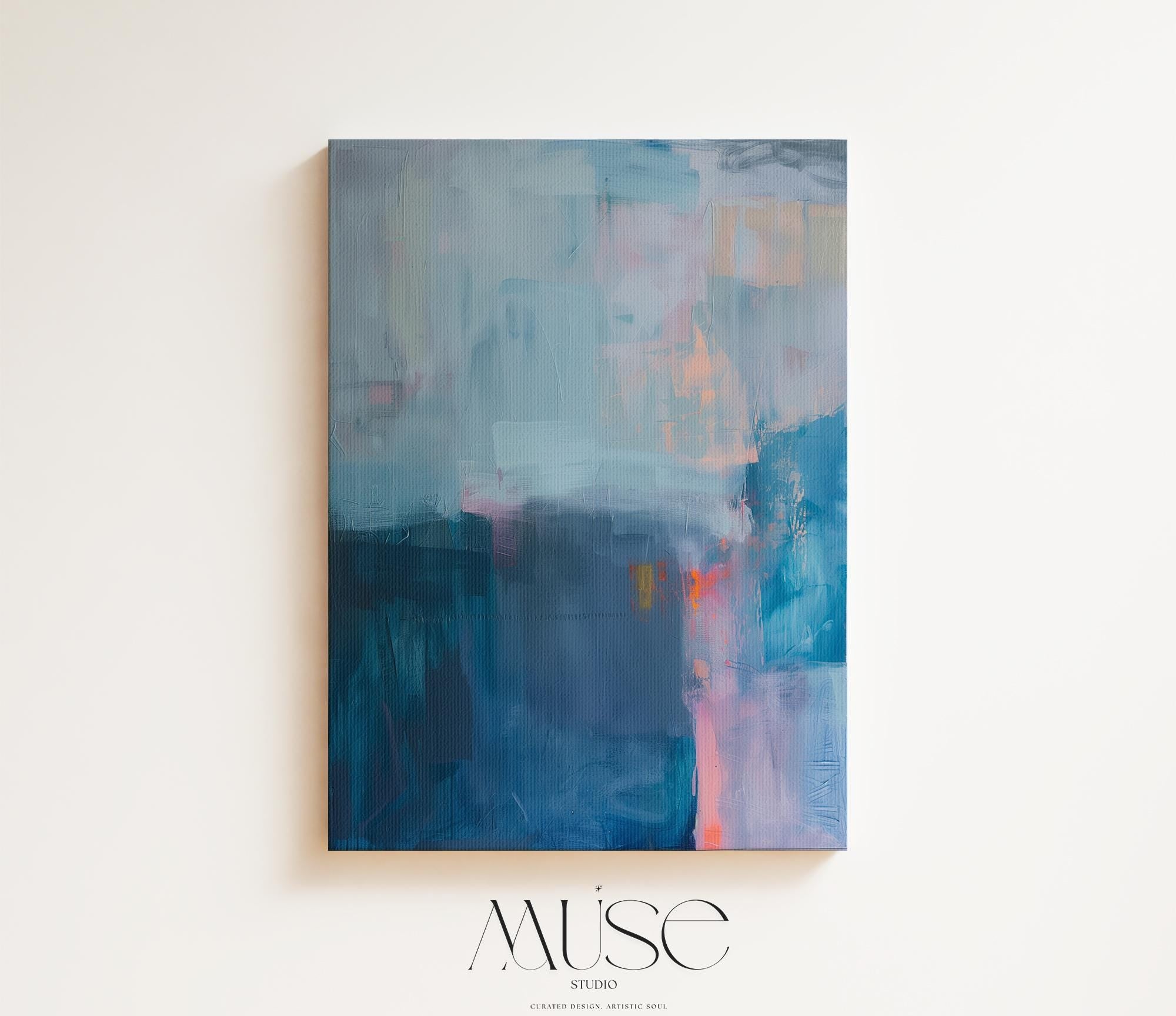 Modern Vertical Canvas Wall Art in Blue and Mauve Abstract Painting Print for Office or Living Room Soft Moody Decor Curated Interiors 262