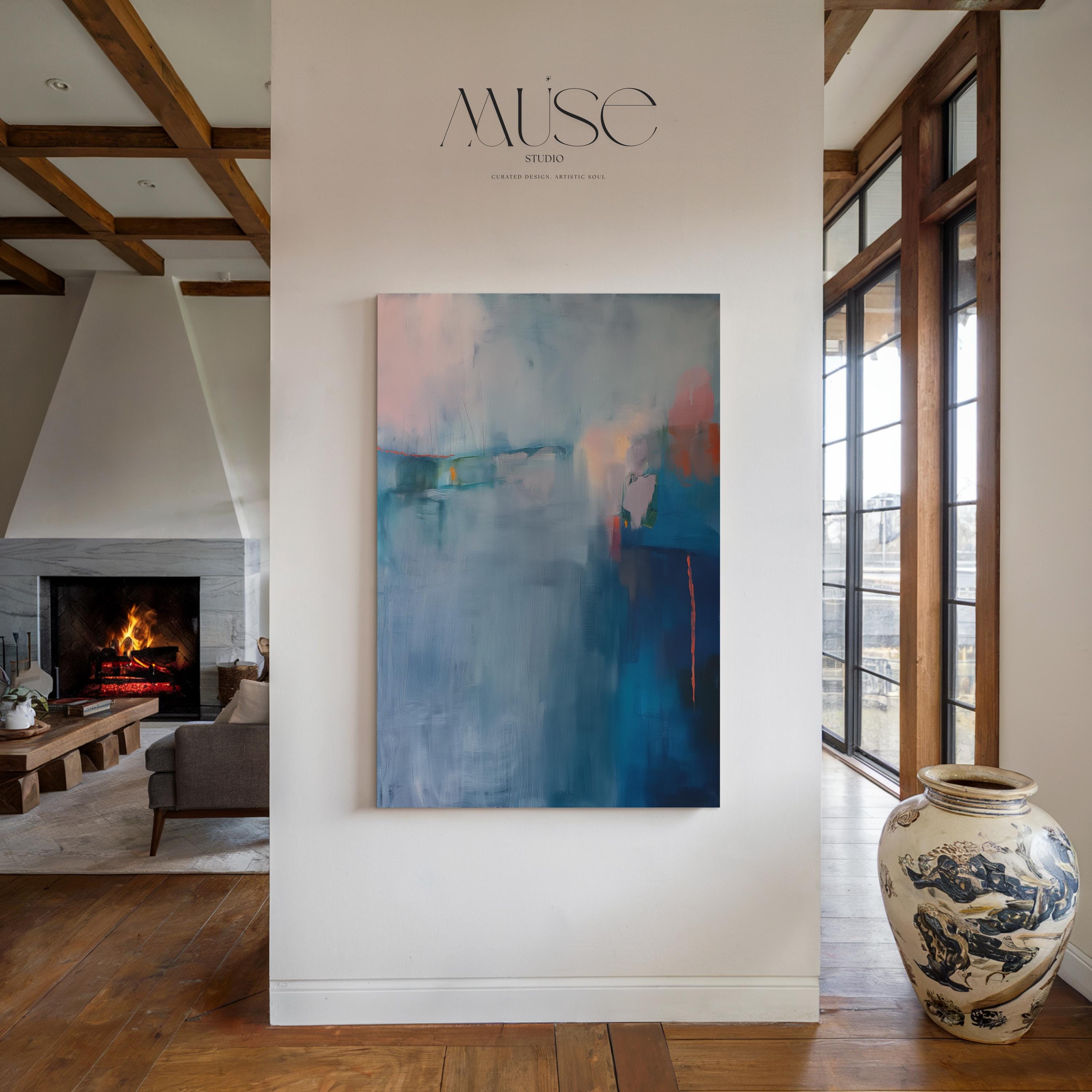 Blue Wall Art Abstract Vertical Canvas Art Moody Modern Wall Decor for Office Living Room Contemporary Design Stylish Interiors 265