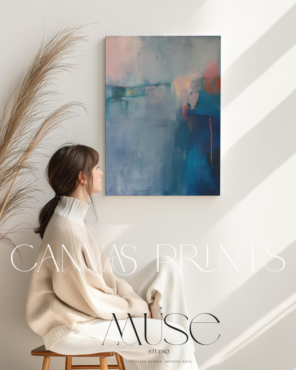 Blue Wall Art Abstract Vertical Canvas Art Moody Modern Wall Decor for Office Living Room Contemporary Design Stylish Interiors 265