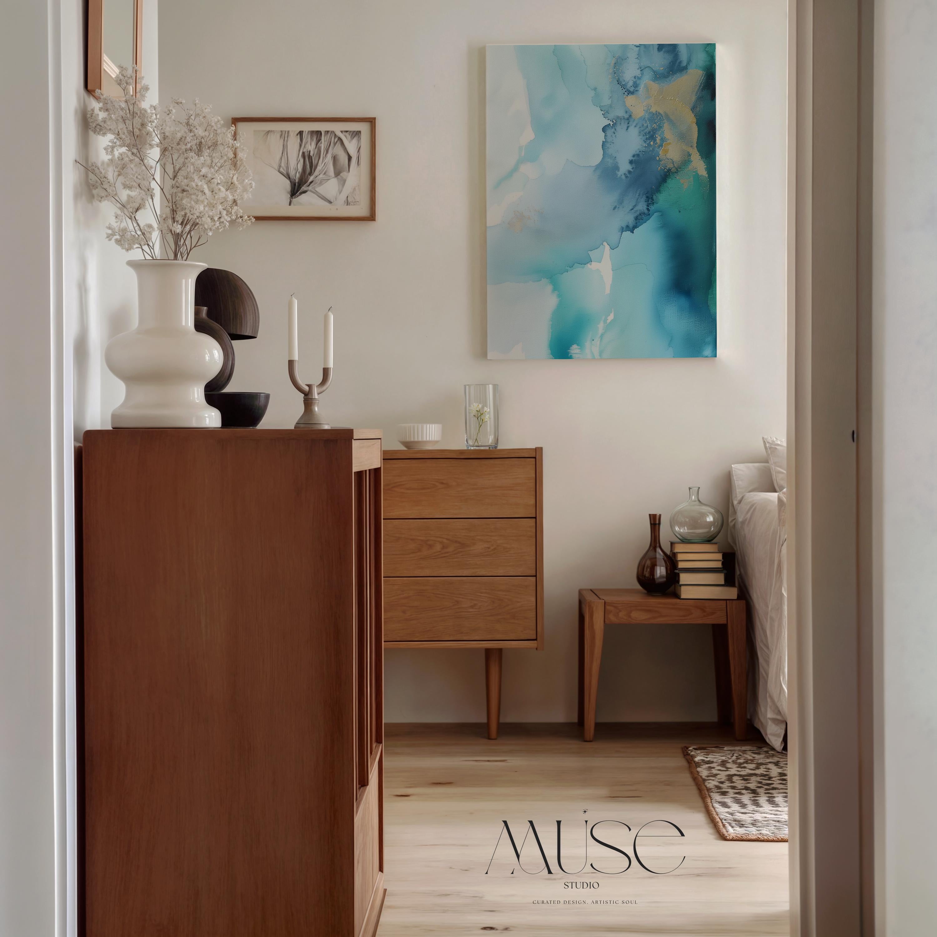 Coastal Blue Vertical Canvas Wall Art Abstract Painting in Teal and Gold Serene Decor Art for Bedroom Living Ocean-Inspired Wall Decor 276 Room Staging 
Colorful abstract wall decor styled in a modern neutral home. Large statement wall art displayed in living room, bedroom, or office spaces. Vibrant canvas or giclée decor art adds bold visual impact to contemporary interiors, ideal for home staging, office design, and curated spaces. Muse Studio Decor Art.